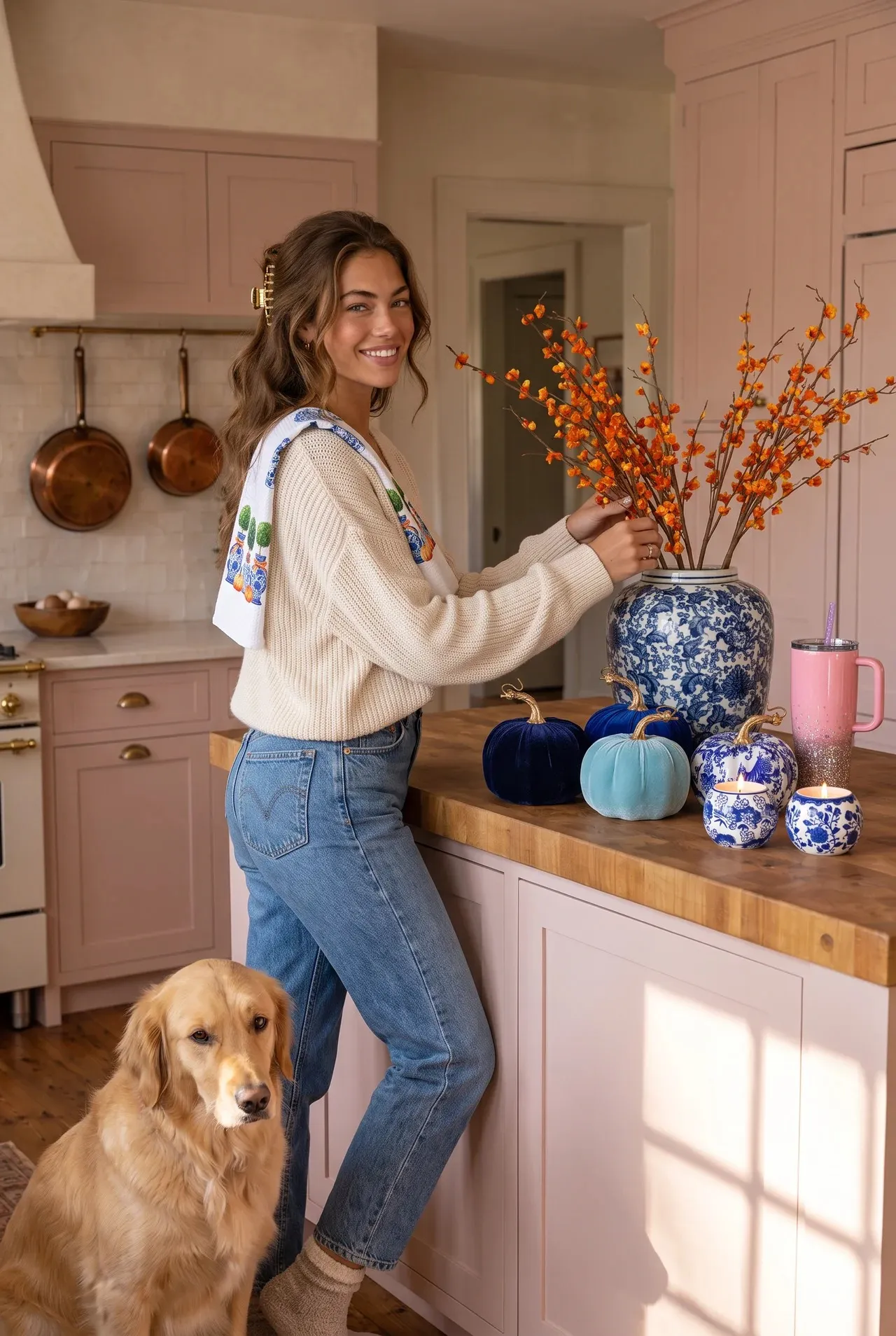 Tommy Kate at a butcher block island in a blush kitchen arranging orange bittersweet in the ginger jar, the topiary tea towel over her shoulder, velvet and chinoiserie pumpkins and lit votives on the island and a golden retriever sitting beside her.