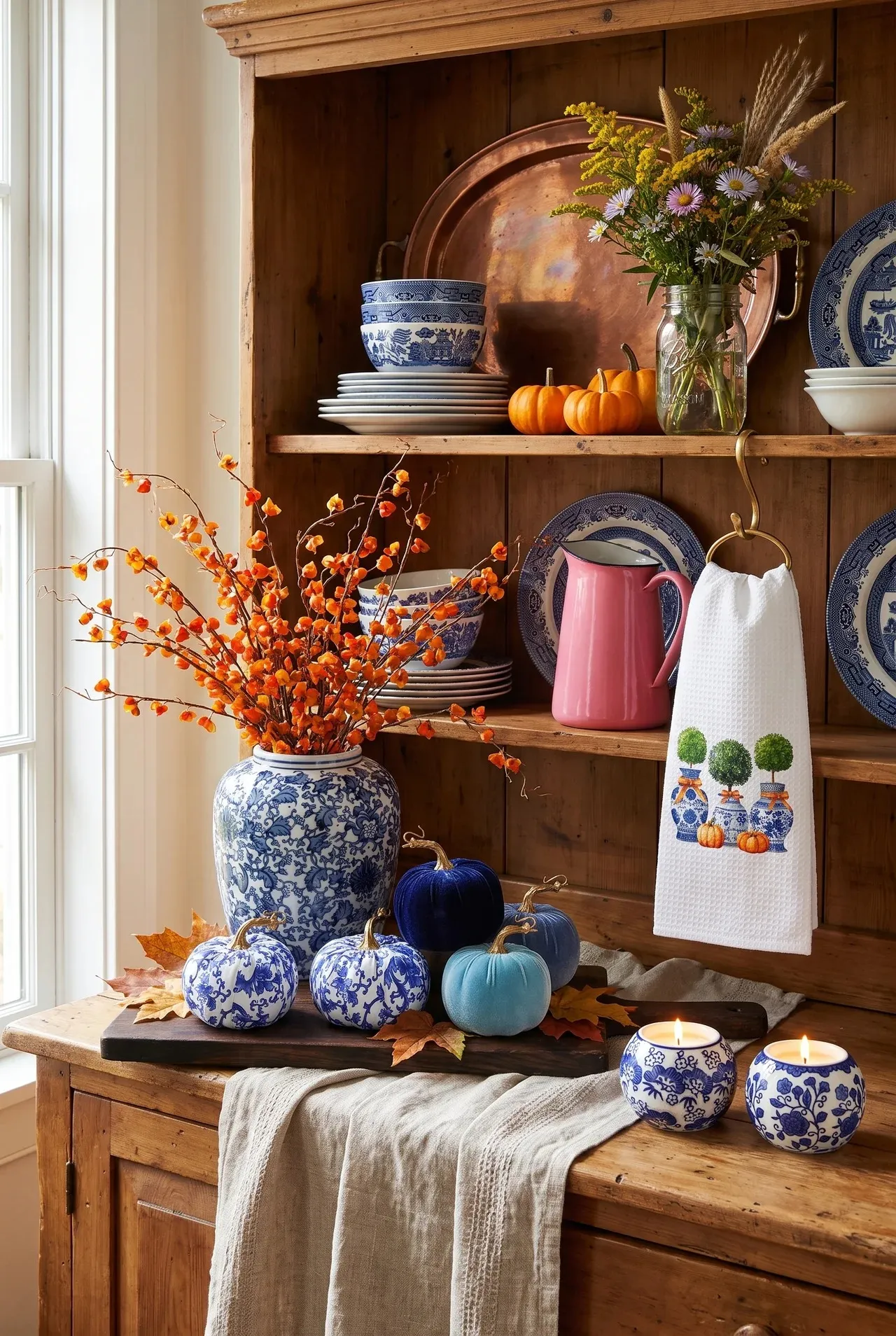 A wooden farmhouse hutch with the blue and white ginger jar full of orange bittersweet, velvet and chinoiserie pumpkins on a cutting board, lit porcelain votives and the topiary tea towel hanging from a brass hook.