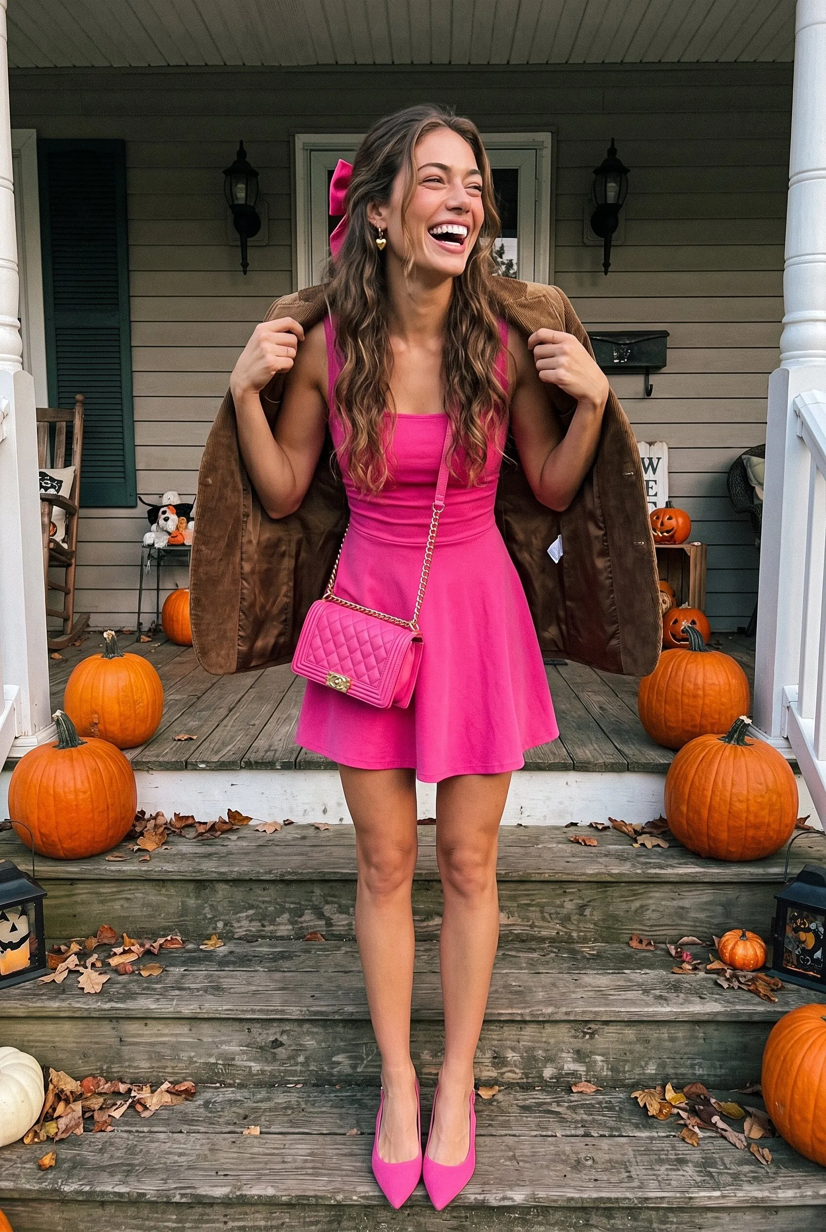 A brown haired woman laughing as she slips the brown corduroy blazer over her shoulders on the front porch steps before a Halloween party, wearing the pink dress, kitten heel slingbacks, hair bow, earrings and crossbody bag.