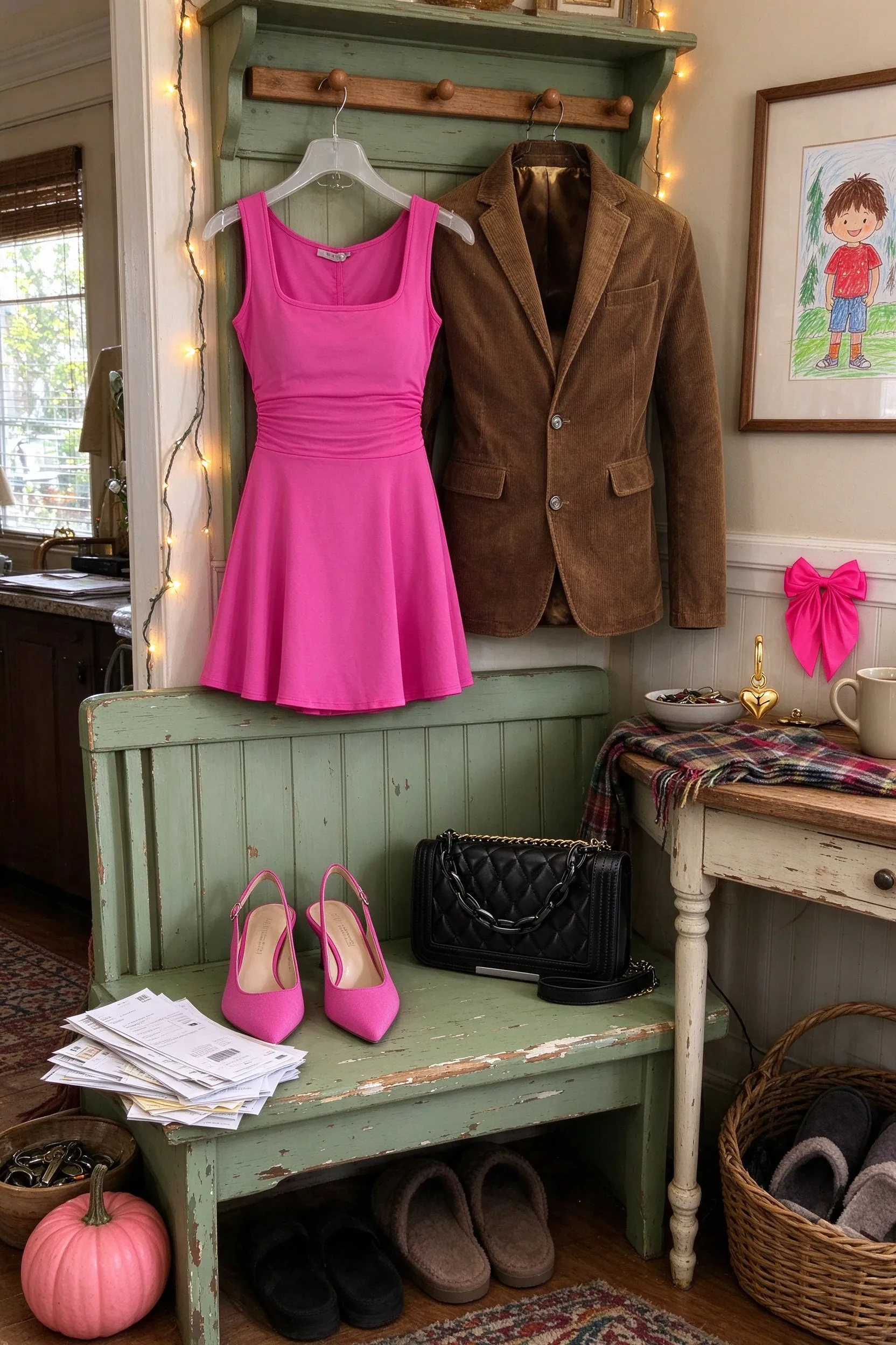 Styled scene: couples costume laid out on a chippy painted sage green bench and hall table in a farmhouse entry hall, the pink dress hanging from a peg with the brown blazer hung beside it.