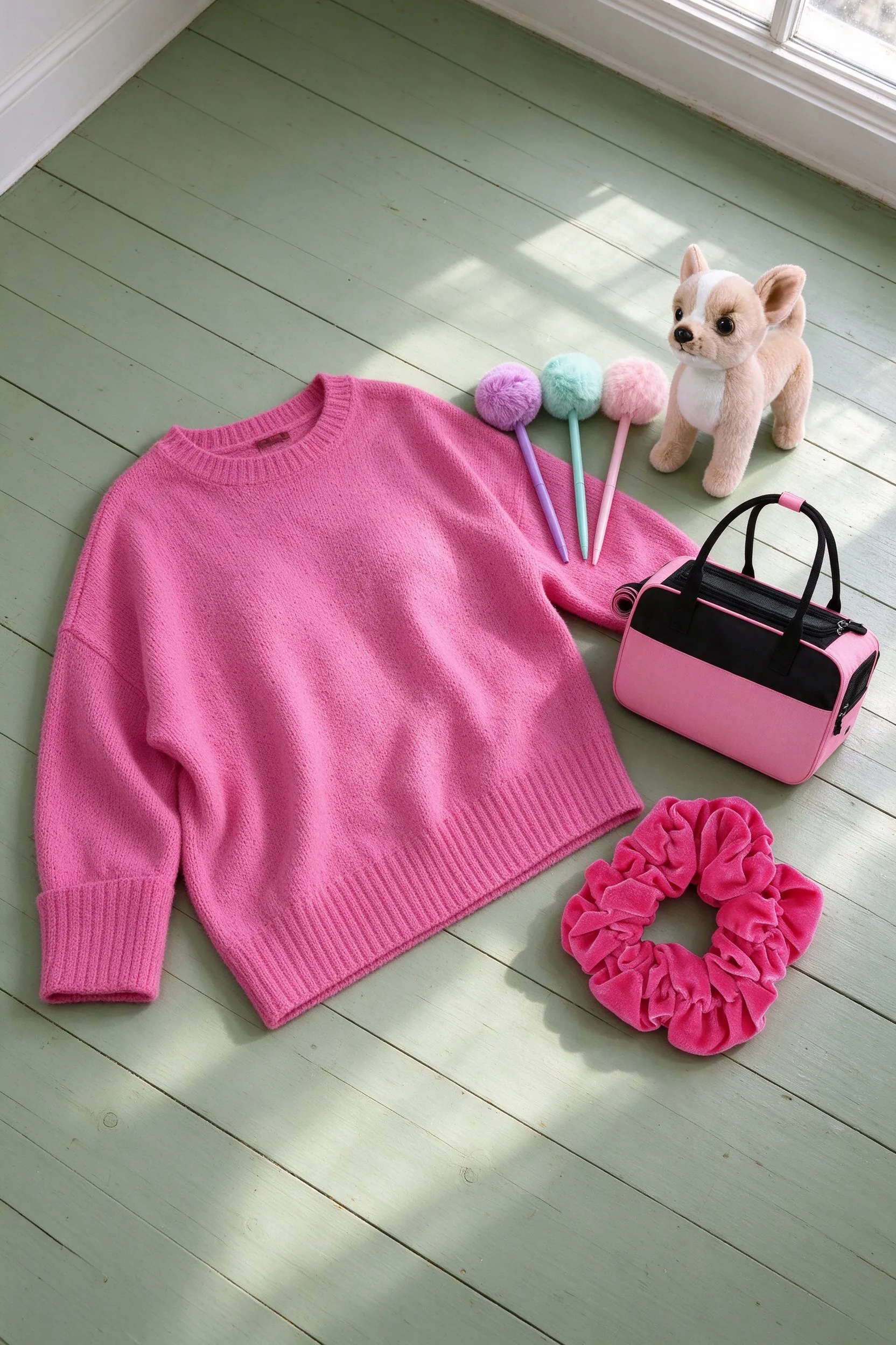 The listed pieces laid out on wide pine floorboards painted soft sage green: hot pink oversized knit sweater, fluffy pom pom pens, 3 pack, lifelike plush chihuahua, pink small dog purse carrier and hot pink jumbo velvet scrunchie.
