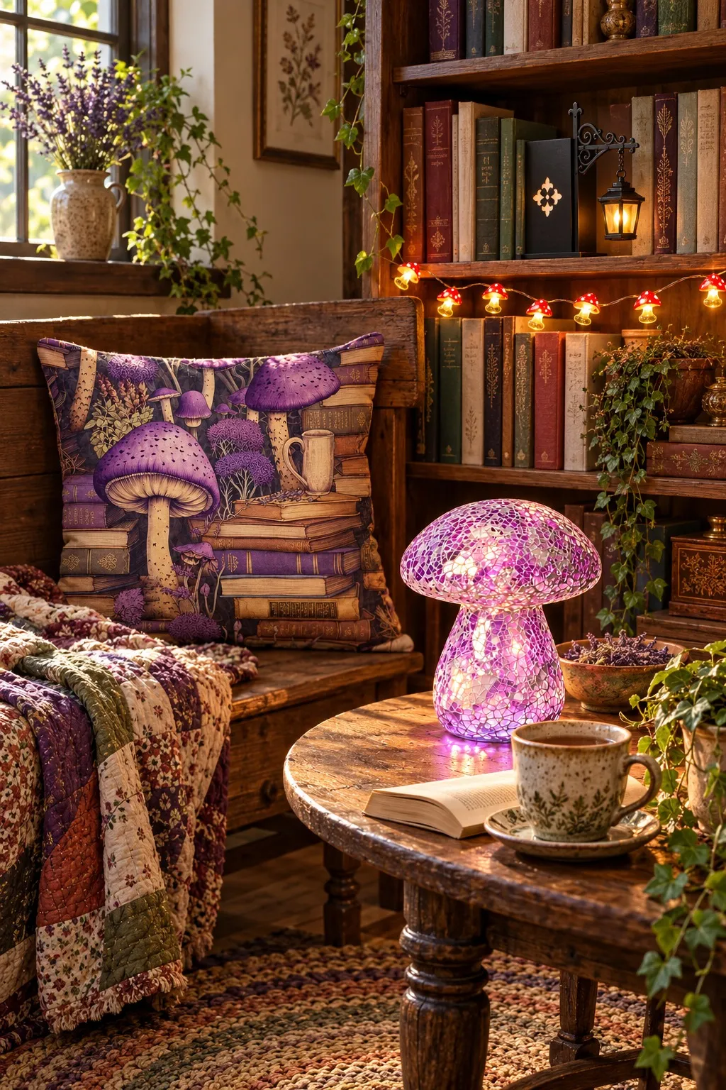 A cozy reading corner with the purple mosaic mushroom lamp on a round wooden table, the mushroom and books pillow on a wooden bench, a quilt, a tea cup and an open book, with the library lantern and mushroom lights on the bookshelf.