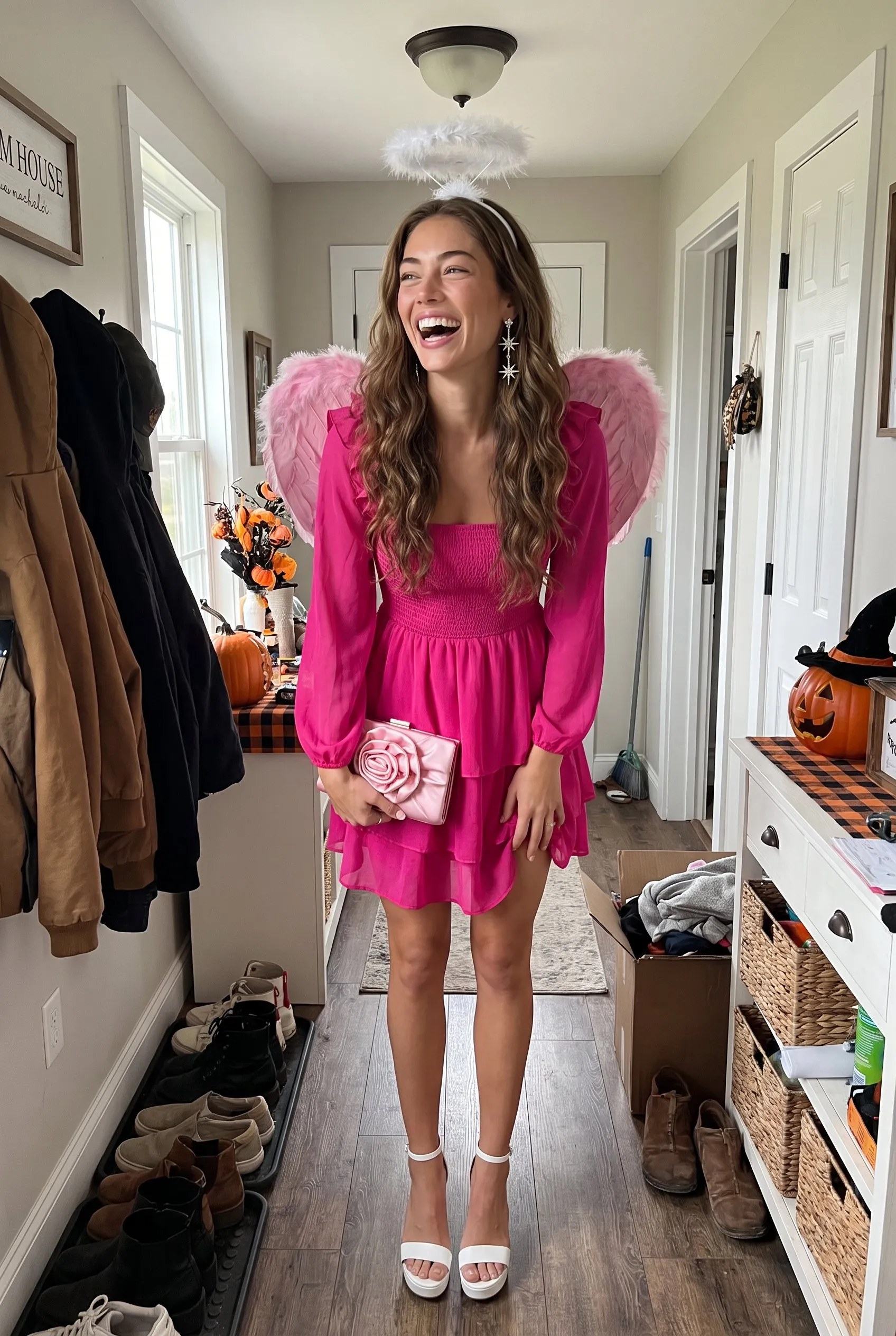 A brown haired woman standing in her farmhouse hallway laughing, getting ready for a Halloween party, wearing the pink ruffle dress, feather wings, halo headband, platform heels and star earrings, holding the rose clutch.
