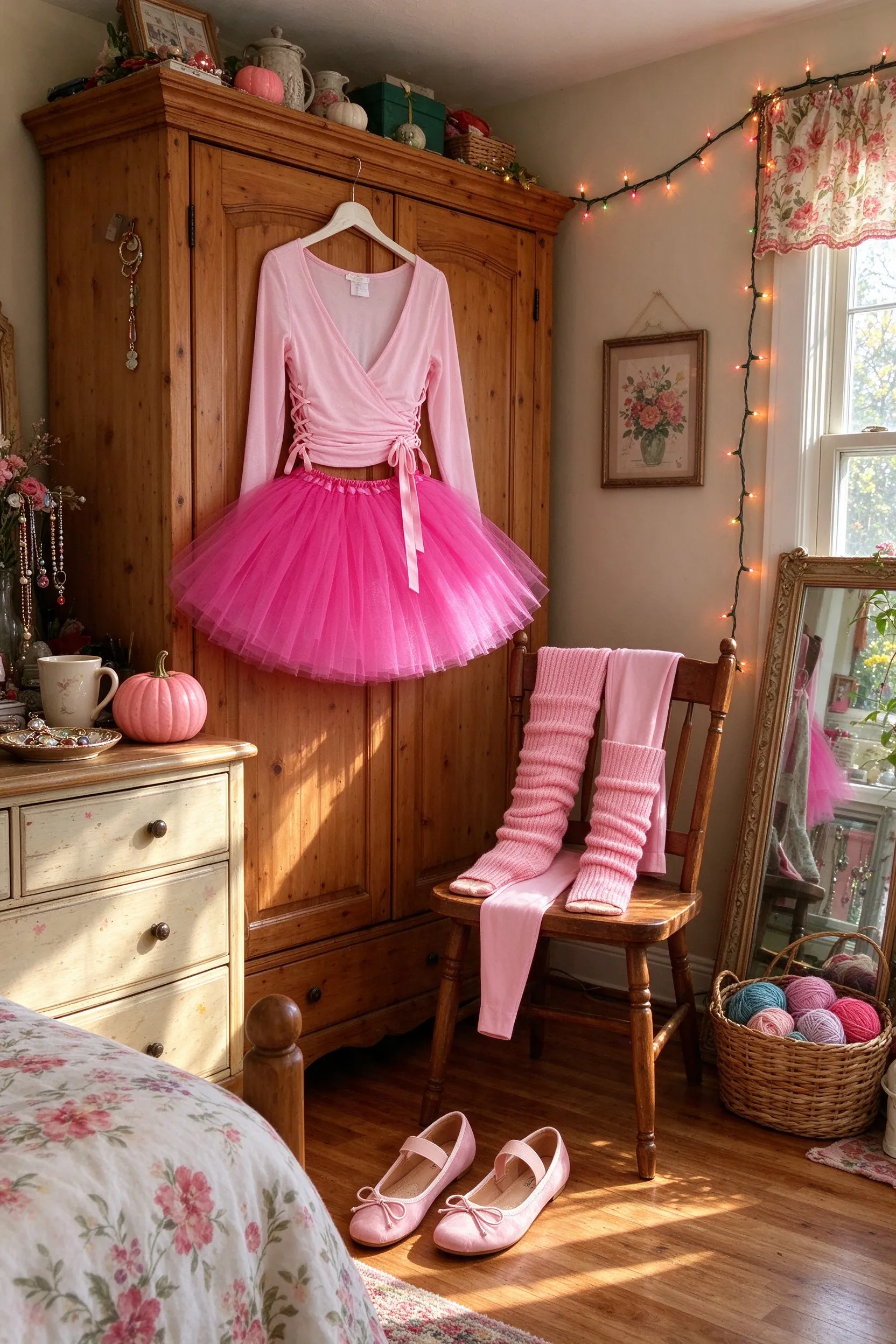 Styled scene: ballerina costume styled in a sunny farmhouse bedroom, the tutu and wrap top hung on a vintage wardrobe door, the leg warmers and tights draped over a wooden chair, the ballet flats on the floor.