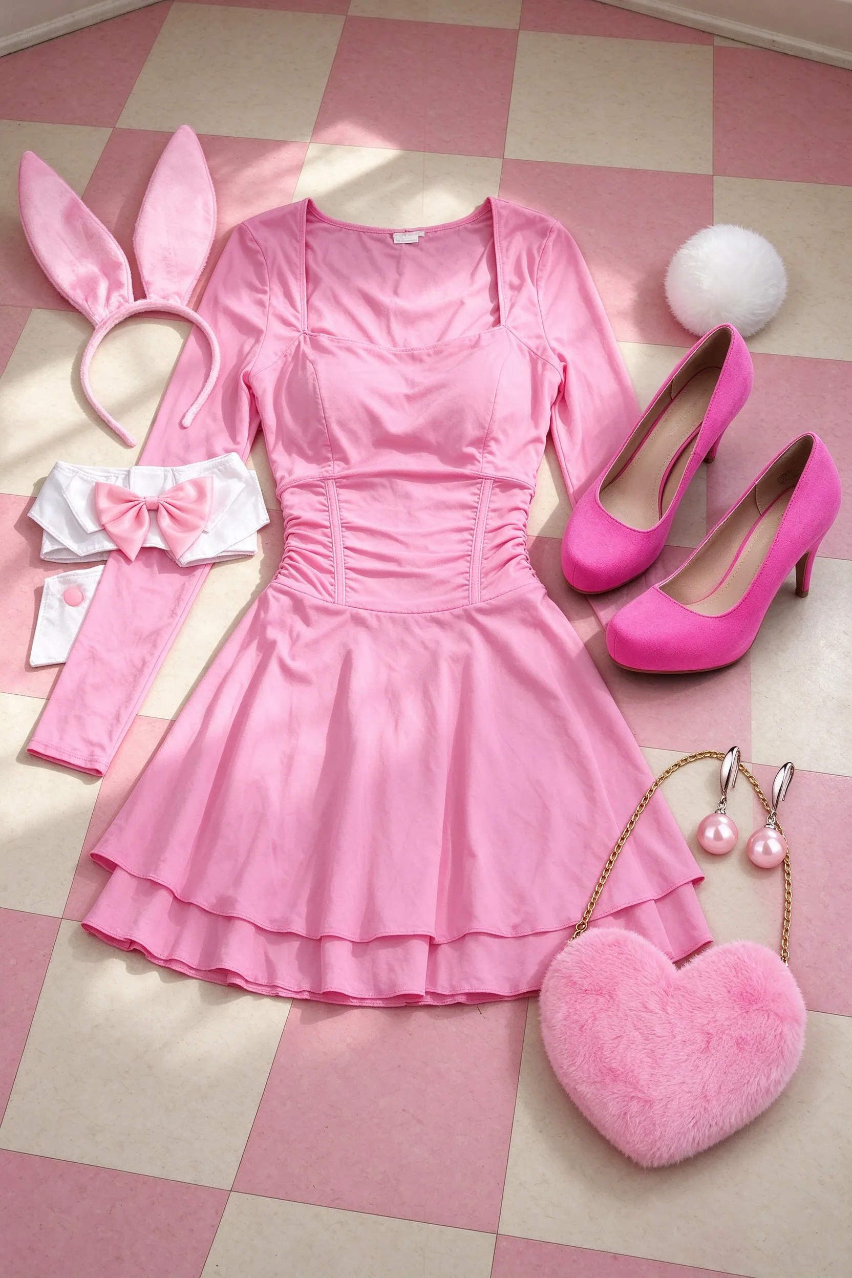 The listed pieces laid out on checkerboard pink and cream vinyl floor tiles: pink corset long sleeve mini dress, pink bunny ears, bow tie, cuffs and tail set, fuchsia suede platform pumps, pink faux fur heart clutch and pink pearl drop earrings.