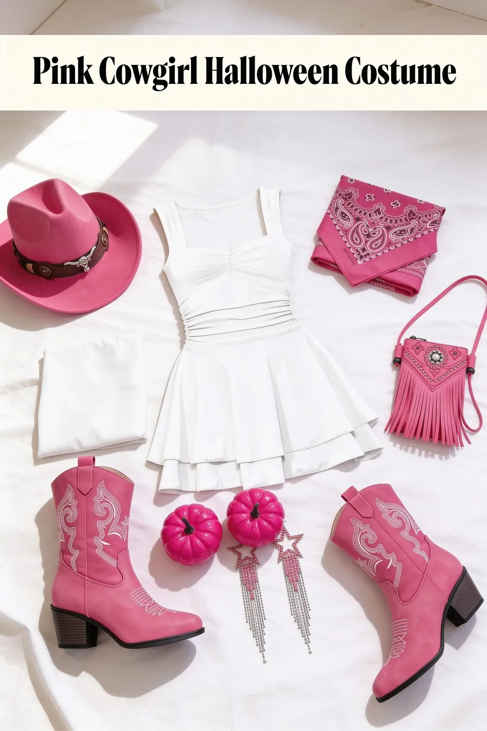 Overhead flat lay on white linen of a white ruffle mini dress, hot pink cowboy hat, pink western boots, pink fringe crossbody bag, star tassel earrings and a pink paisley bandana.