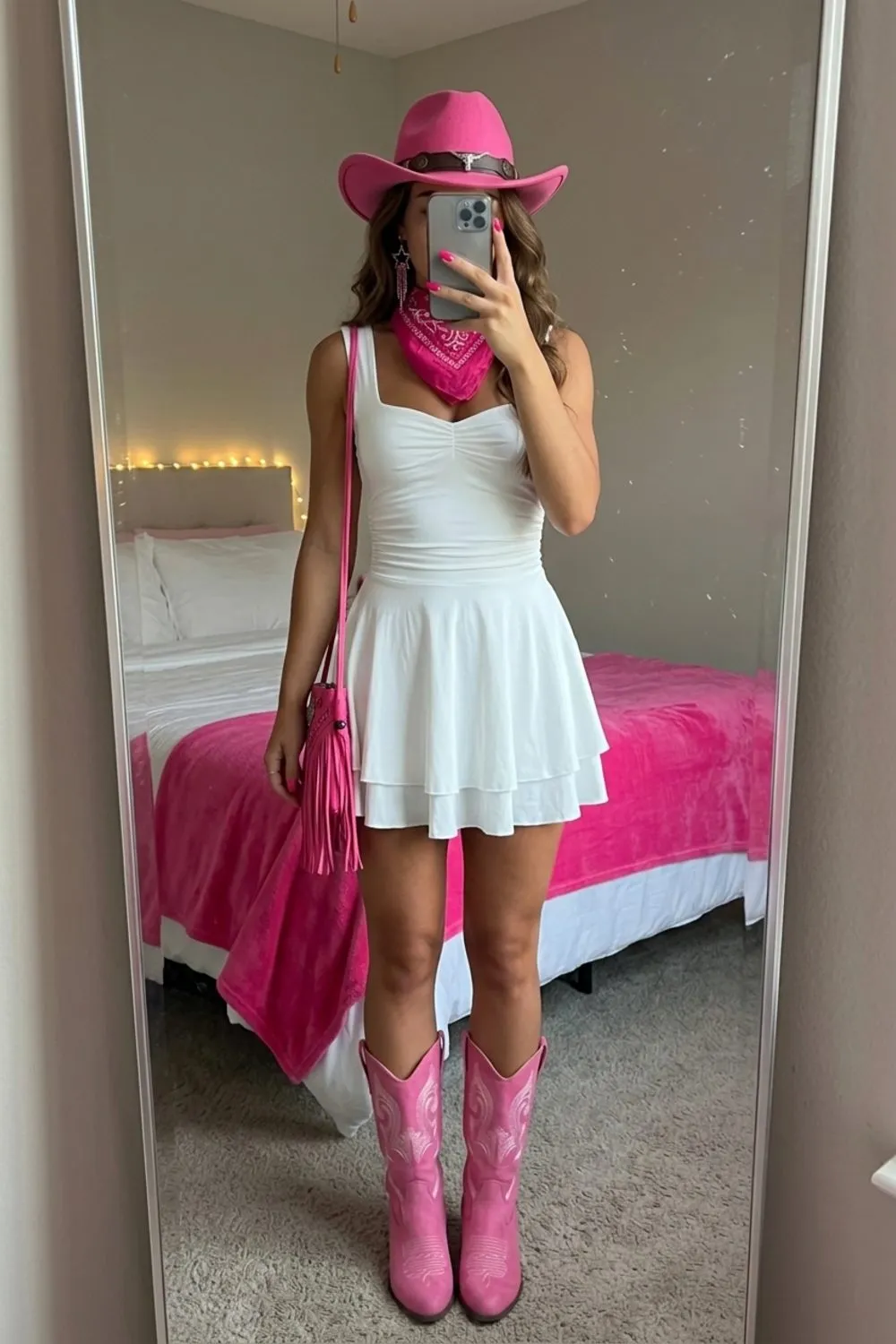 Mirror selfie of a woman in a white mini dress, hot pink cowboy hat, pink bandana, pink fringe crossbody bag and pink cowboy boots, phone covering her face, pink blanket on the bed behind.