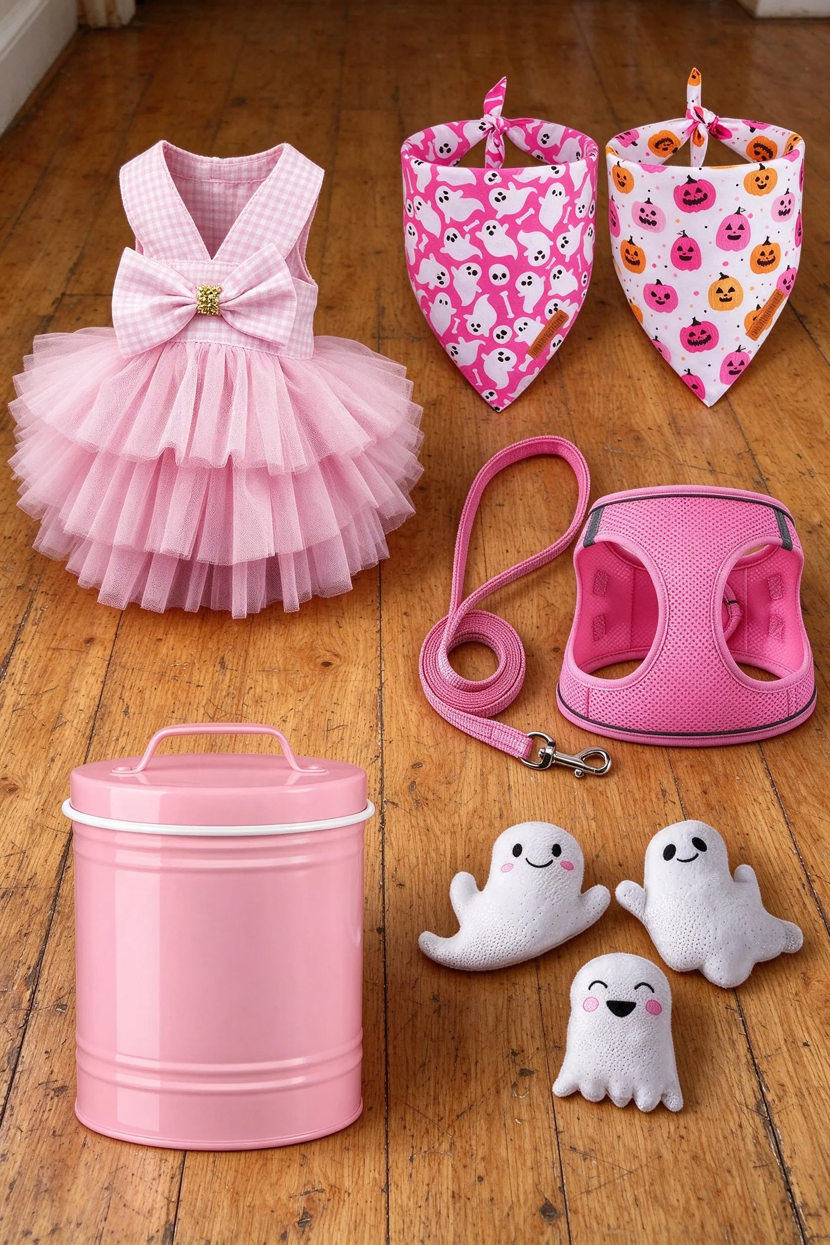 The listed products on a worn honey-oak wood floor: pink tulle dog tutu dress, pink ghost and pumpkin dog bandanas, 2 pack, pink step-in dog harness and leash set, pink dog treat canister and white plush ghost dog toys, 3 pack.