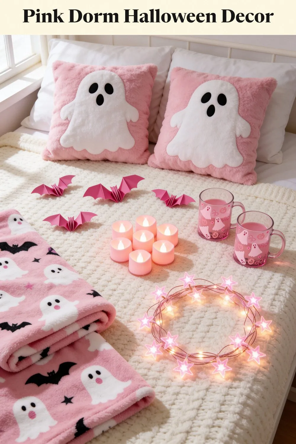 Overhead photo of a cream dorm bed with pink ghost pillows, a pink ghost and bat throw, pink paper bats, pink flameless tea lights, pink star fairy lights and two pink ghost glass mugs.