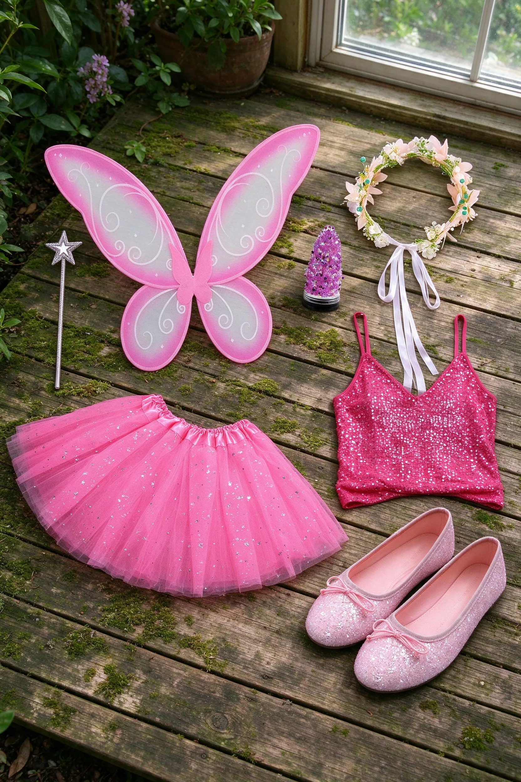 The listed pieces laid out on mossy weathered garden deck boards: pink fairy wings with wand and glitter, pink flower fairy crown headband, deep pink sparkle layered tulle skirt, hot pink glitter sequin tank top and glitter baby pink ballet flats.