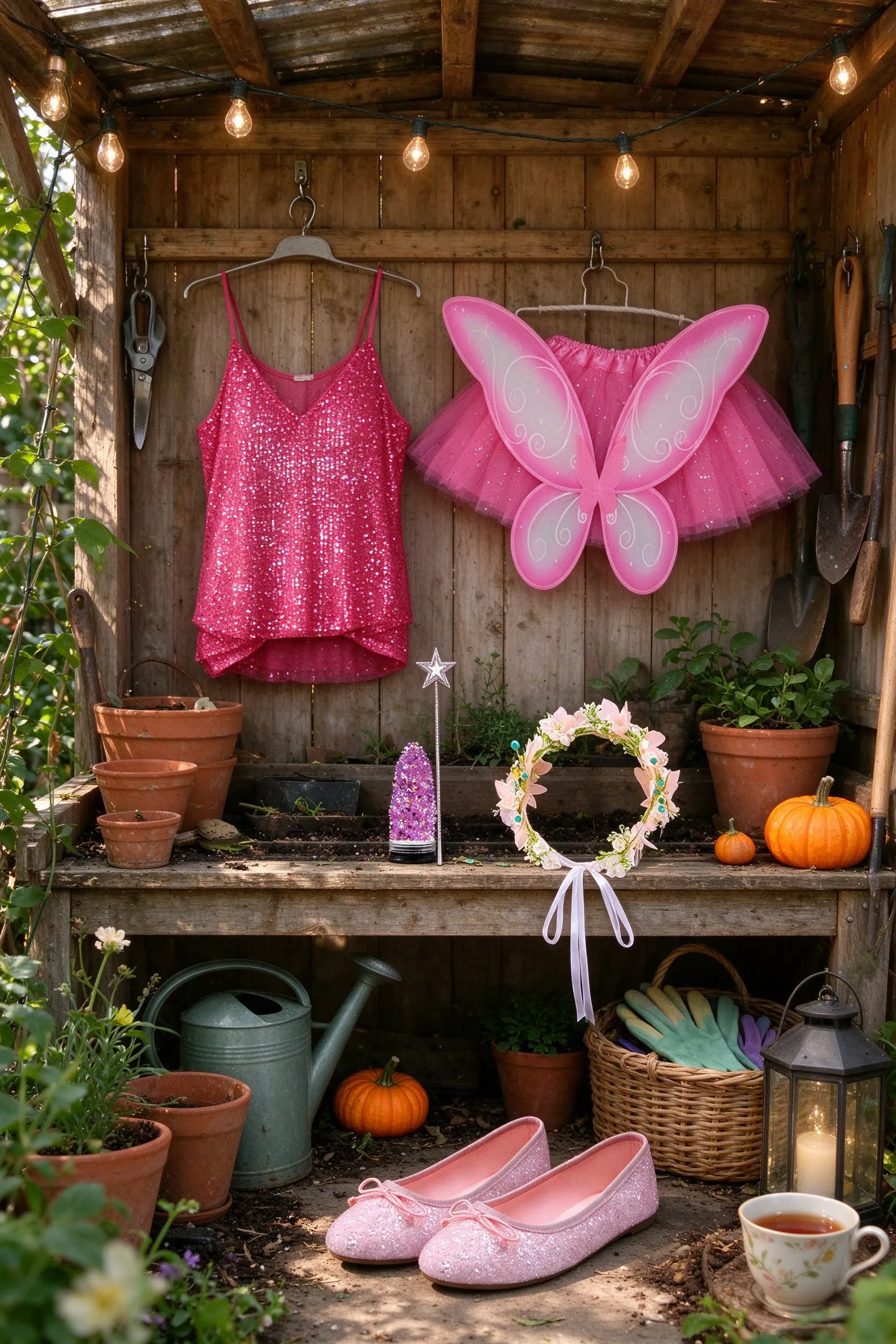 Styled scene: fairy costume styled in a farmhouse garden shed, the sequin tank and tulle skirt hanging from a hook, the wings hung on the wall, the flower crown on a potting bench, the ballet flats below.