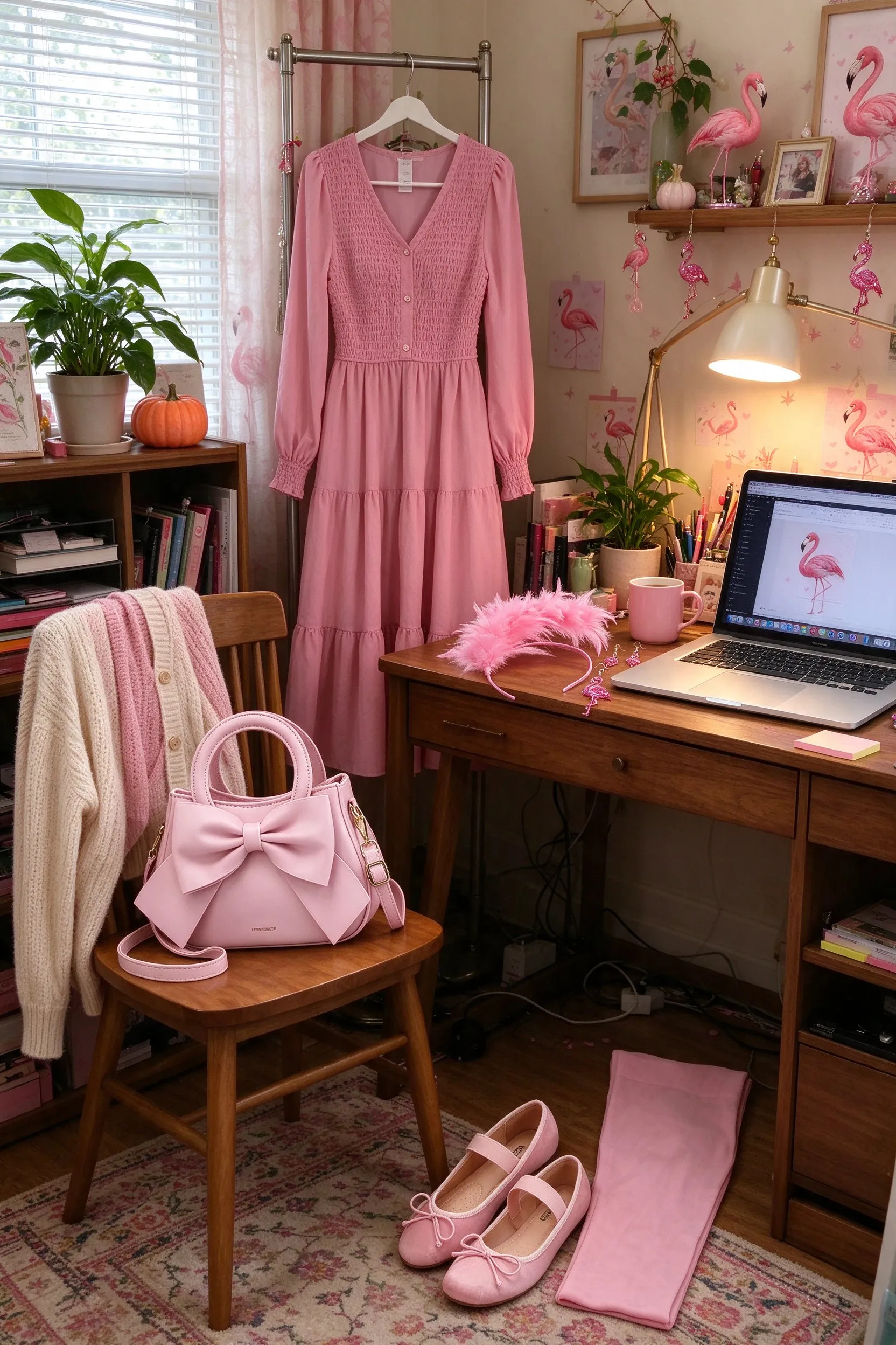 Styled scene: flamingo office costume styled at a home office corner, the pink midi dress hanging on a coat rack, the fascinator on a desk, the Mary Janes and tights below, the bow bag on the chair.