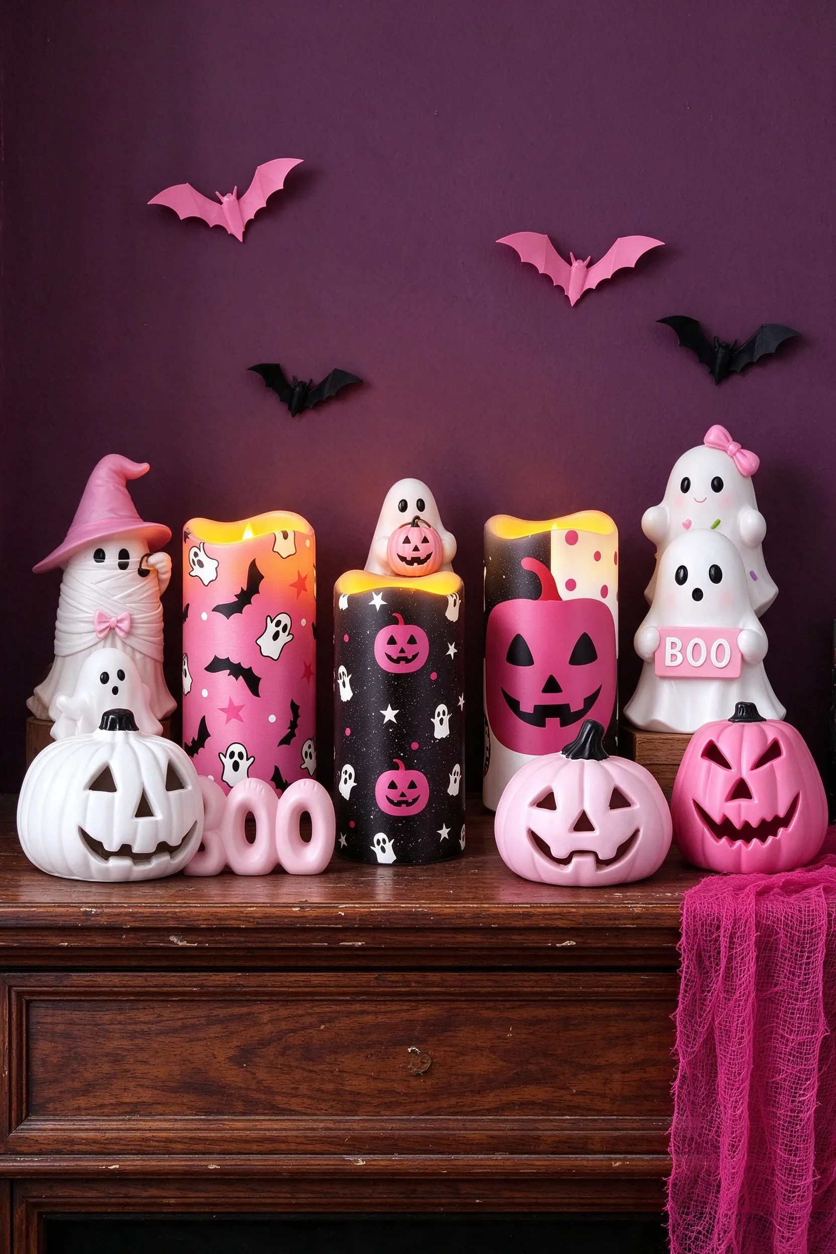 Pink ghost figurines, printed flameless candles and pink and white jack-o-lanterns lined up on a wood sideboard against a plum wall with paper bats