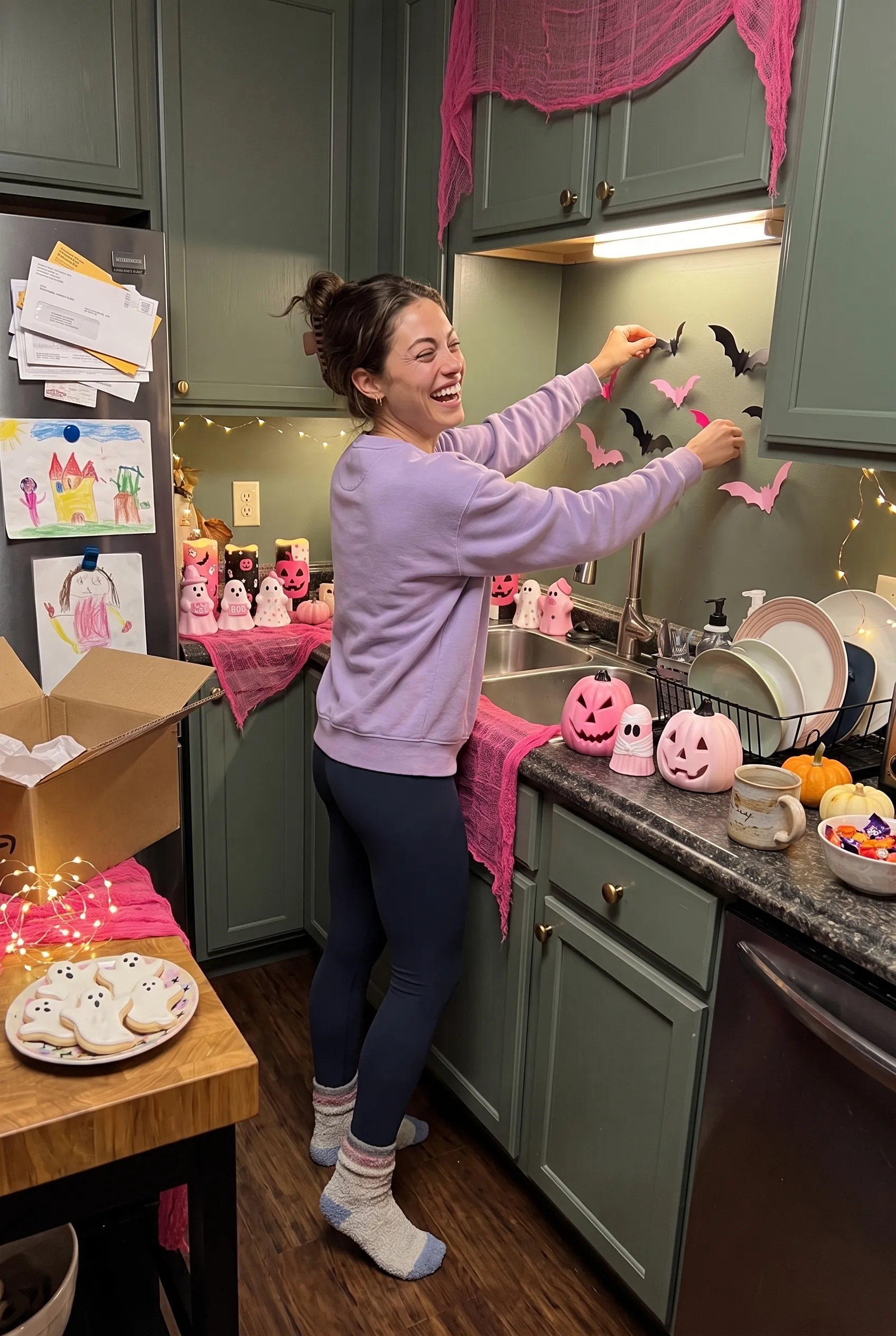 Tommy Kate laughing as she sticks pink and black paper bats on her kitchen backsplash, pink ghosts and jack-o-lanterns on the counter