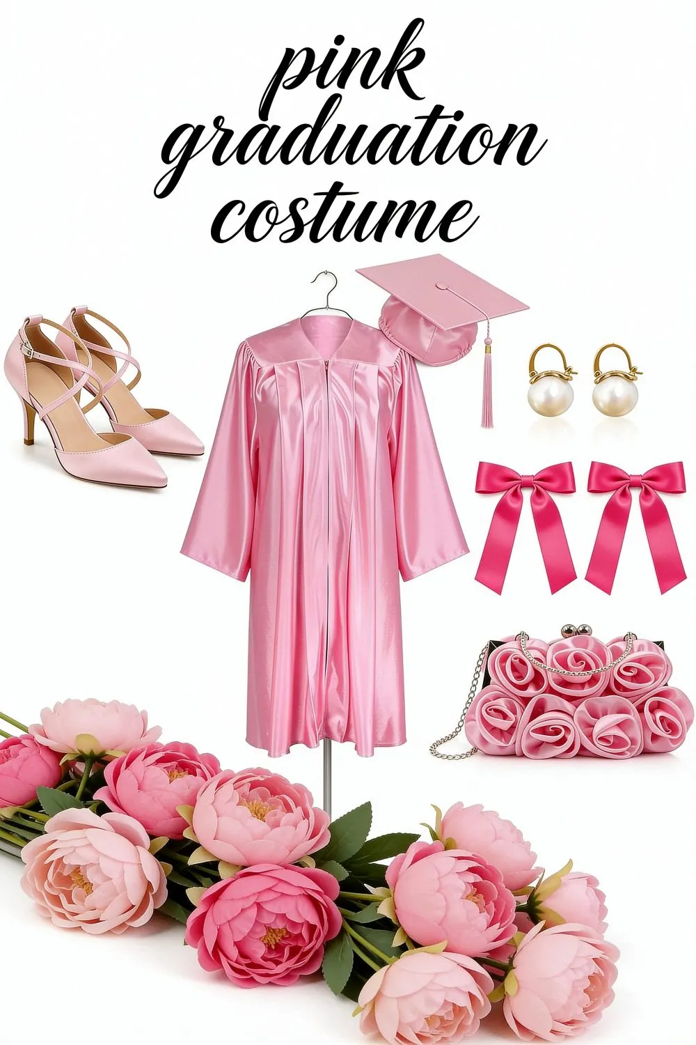 Shoppable collage on white of a pink graduation cap and gown, blush satin heels, pearl drop earrings, two hot pink satin hair bows, a pink floral clutch and pink peonies.