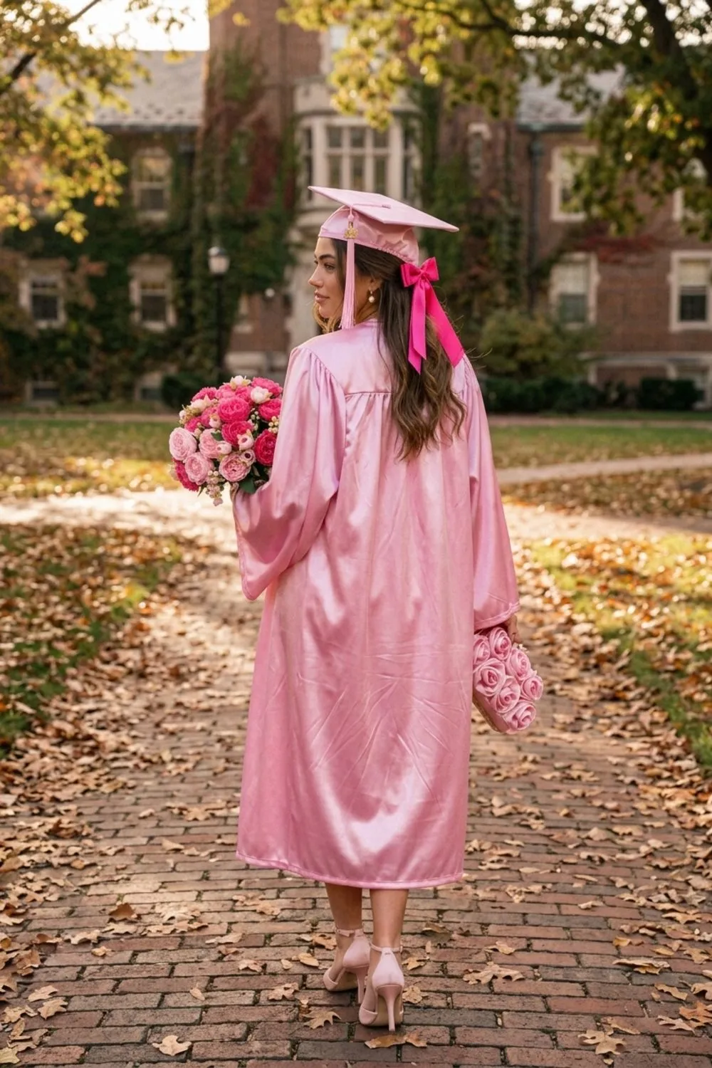 A woman walking away on a leafy brick campus path in a pink graduation cap and gown, blush heels, a hot pink hair bow, holding a pink clutch and a bunch of pink peonies, glancing back.