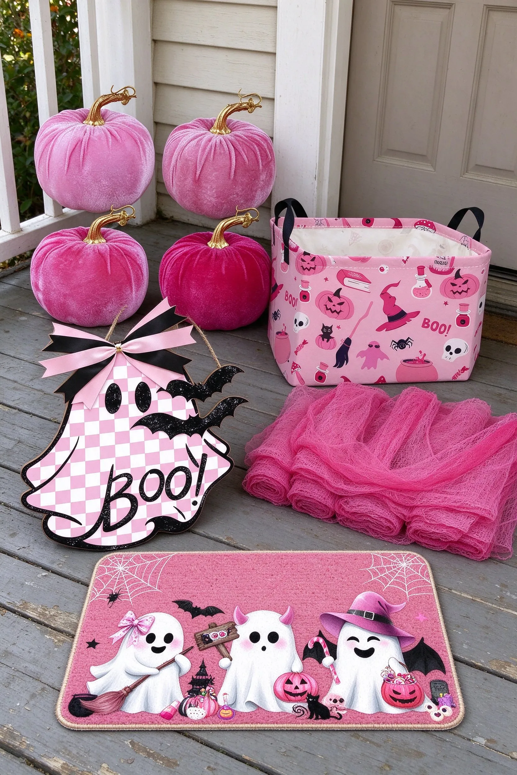 The listed products on weathered gray porch floorboards: pink velvet pumpkins, set of 4, pink ghost print halloween candy basket, pink ghost wooden boo door sign, pink creepy gauze cloth, 5 pack and pink ghost doormat.