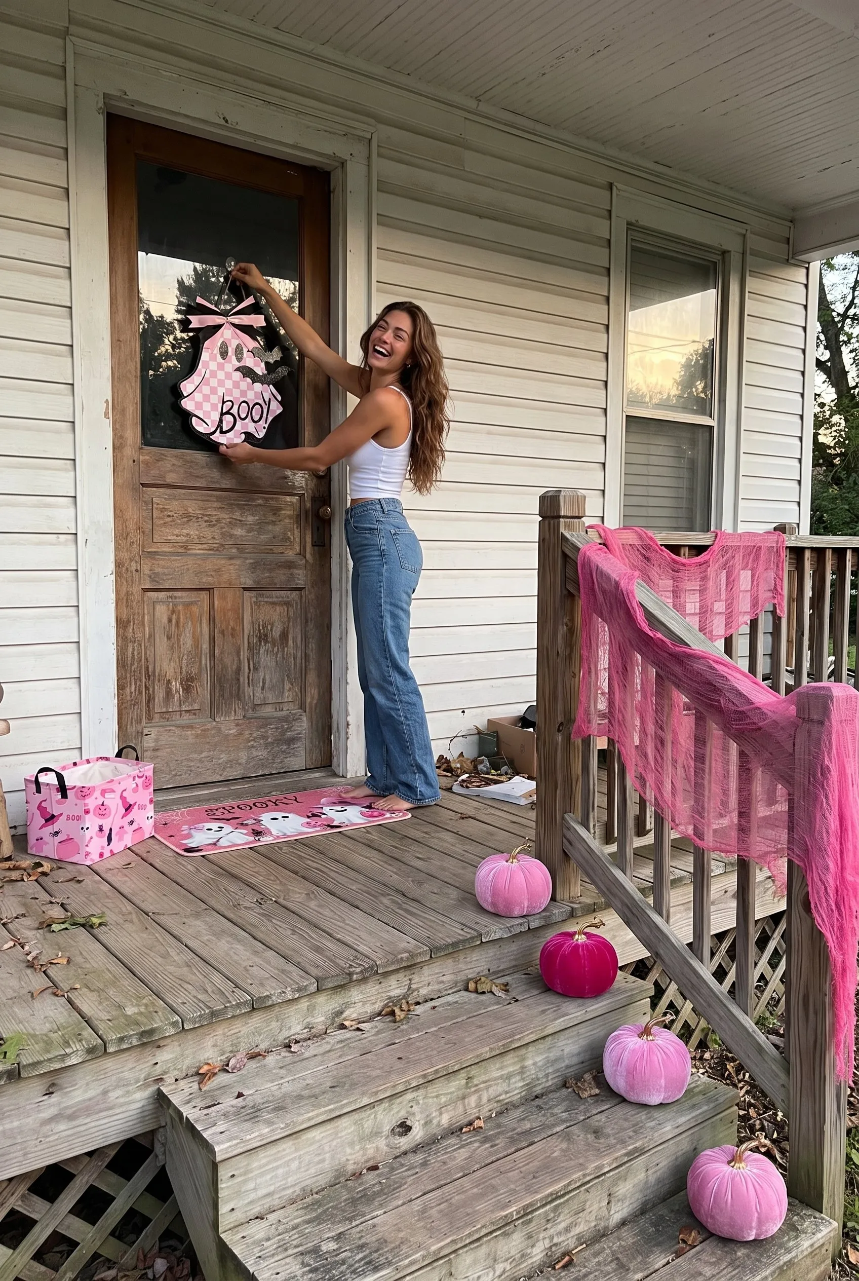 A brown haired woman on her farmhouse front porch at dusk laughing, hanging the pink ghost BOO sign on the door, pink velvet pumpkins on the steps, pink gauze on the railing, the ghost doormat and candy basket by the door.
