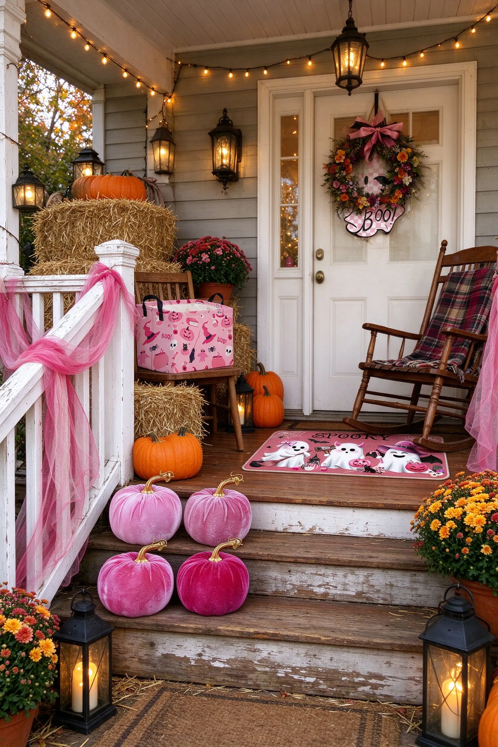 Styled scene: farmhouse front porch decorated for pink Halloween: the BOO sign on the door, pink creepy gauze draped on the railing, velvet pumpkins on the steps, the ghost doormat, the candy basket on a chair.