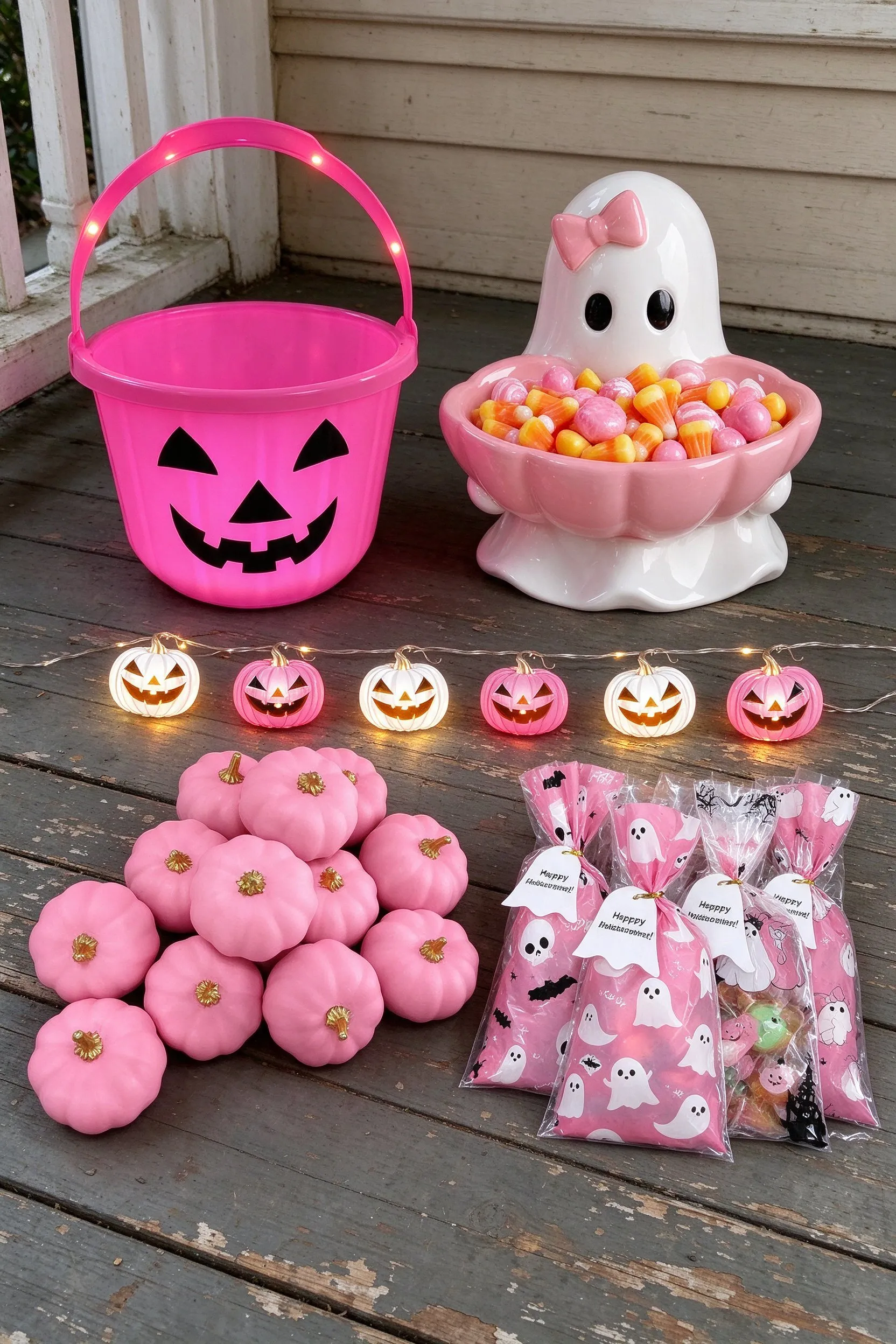 The listed products on weathered porch floorboards: pink light up pumpkin bucket, pink bow ghost ceramic candy bowl, pink pumpkin led string lights, 12 small pink faux pumpkins and 100 pink ghost cellophane treat bags.