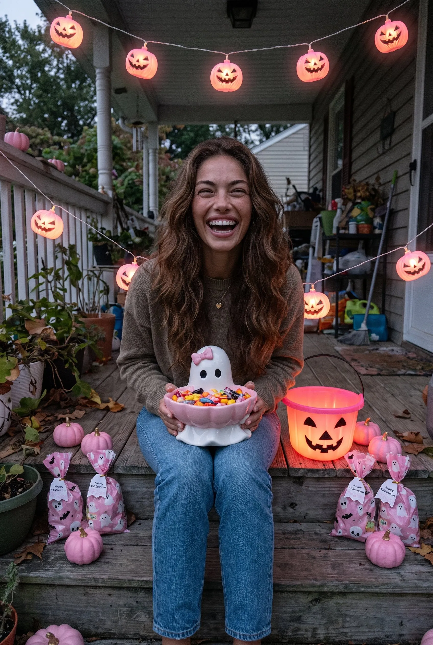 A brown haired woman sitting on her porch steps at dusk laughing, holding the pink bow ghost candy bowl, the light up pink pumpkin bucket beside her, pumpkin string lights glowing, small pink pumpkins and ghost treat bags around her.