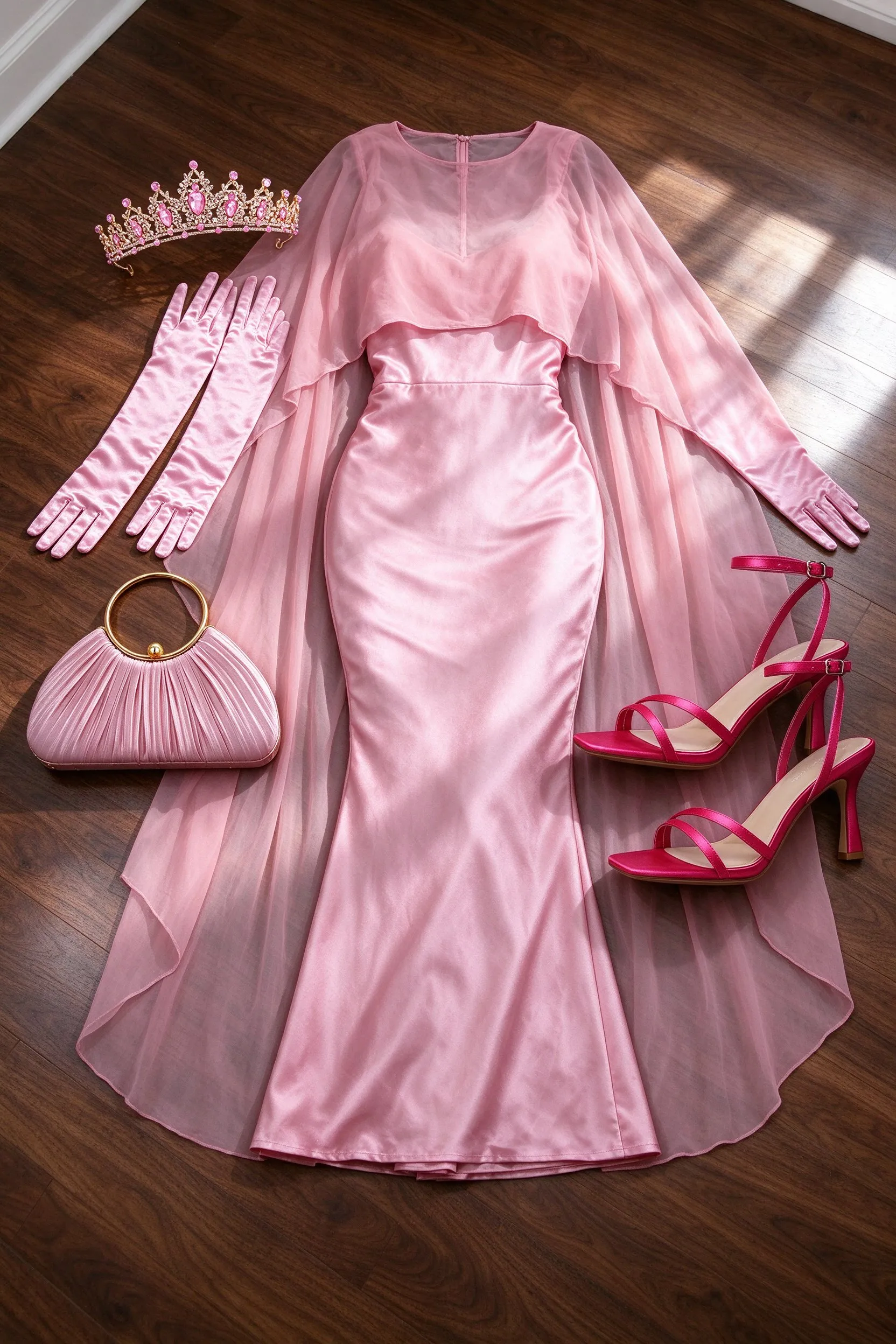 The listed pieces laid out on a polished walnut floor: pink crystal tiara, pink long satin opera gloves, pink satin maxi gown, pink pleated satin clutch and hot pink satin strappy heels.