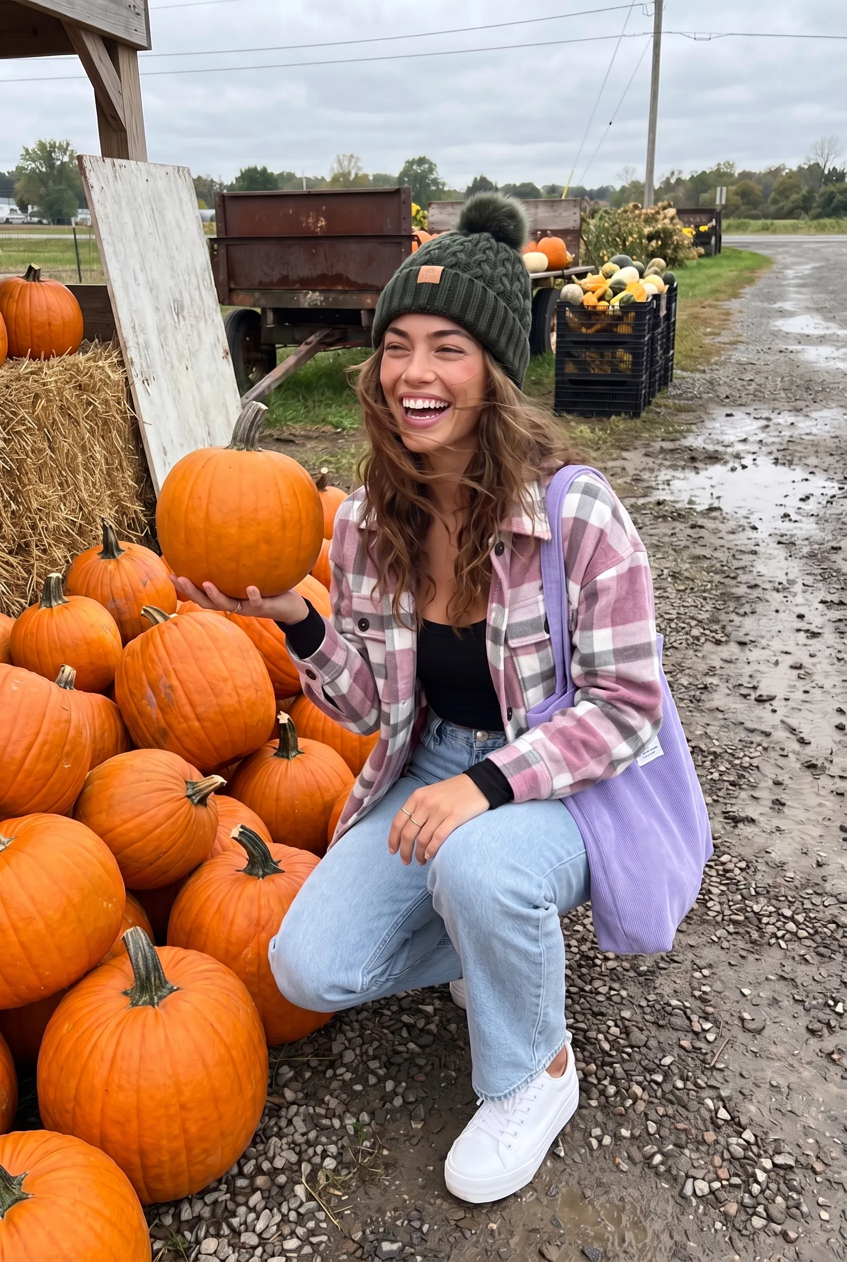 Tommy Kate crouching at a muddy pumpkin patch holding a pumpkin, wearing the pink plaid shacket, jeans, white sneakers and green beanie