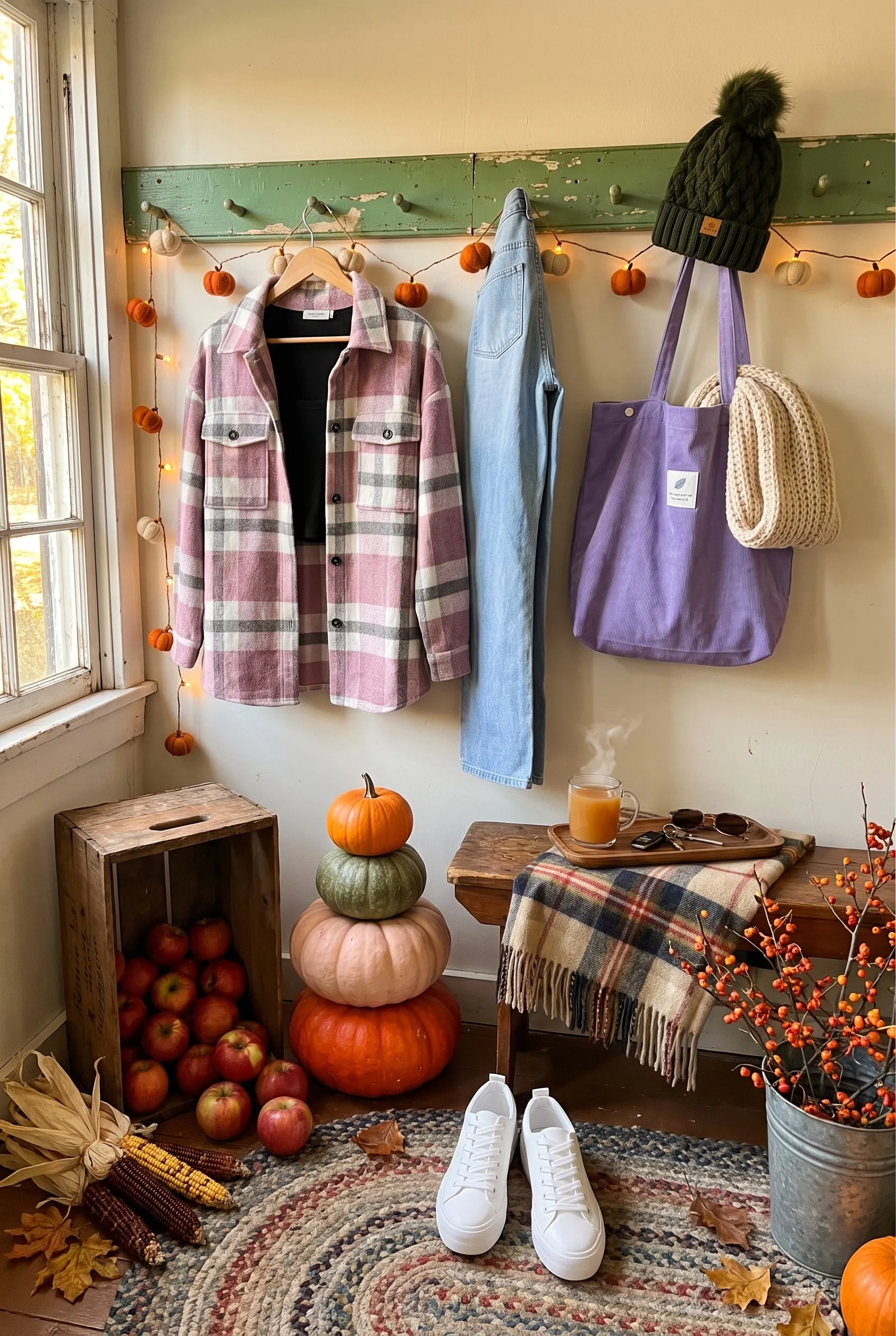 The pink plaid shacket, jeans, purple tote and green beanie hanging on a peg rail above white sneakers, pumpkins and apples