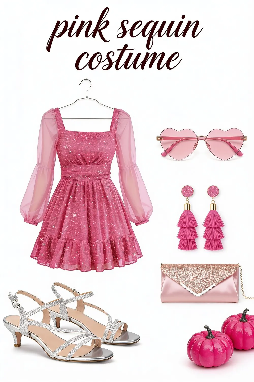 Shoppable collage of a hot pink sequin mini dress, silver glitter kitten heels, pink heart sunglasses, hot pink tassel earrings, a rose gold glitter clutch and two pink pumpkins.