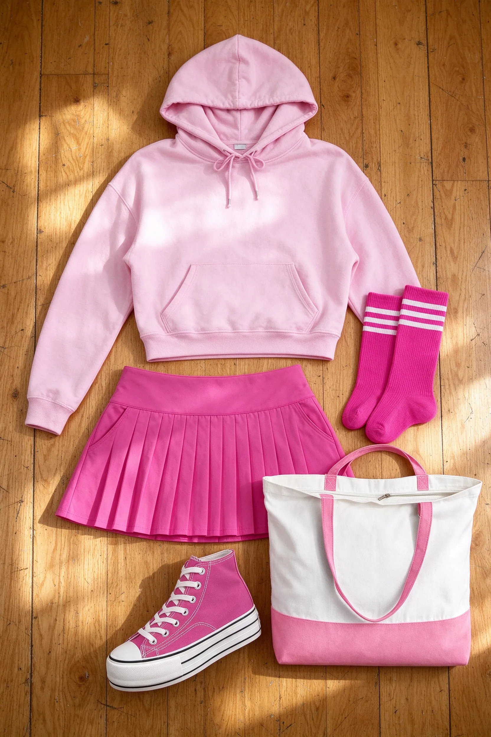 The listed pieces laid out on scuffed honey-oak floorboards: pastel pink cropped hoodie, pink pleated tennis skirt with pockets, pink and white striped knee high tube socks, pink platform canvas high top sneakers and pink canvas tote bag with zipper.