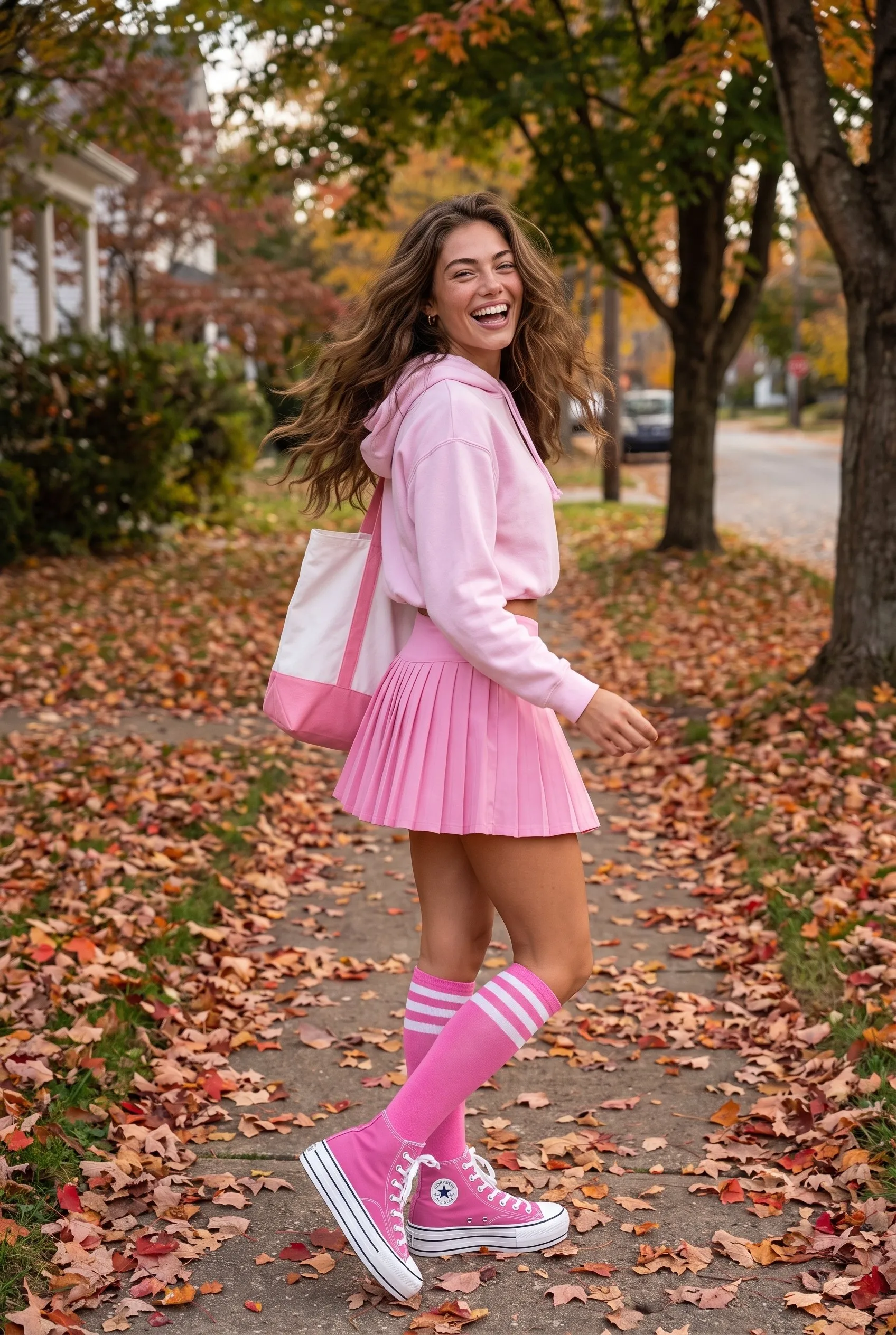 A brown haired woman walking on a leafy small town sidewalk in fall, turning to the camera laughing, wearing the pastel pink cropped hoodie, pink pleated tennis skirt, striped knee high socks and pink platform high tops, the pink canvas tote on her shoulder.
