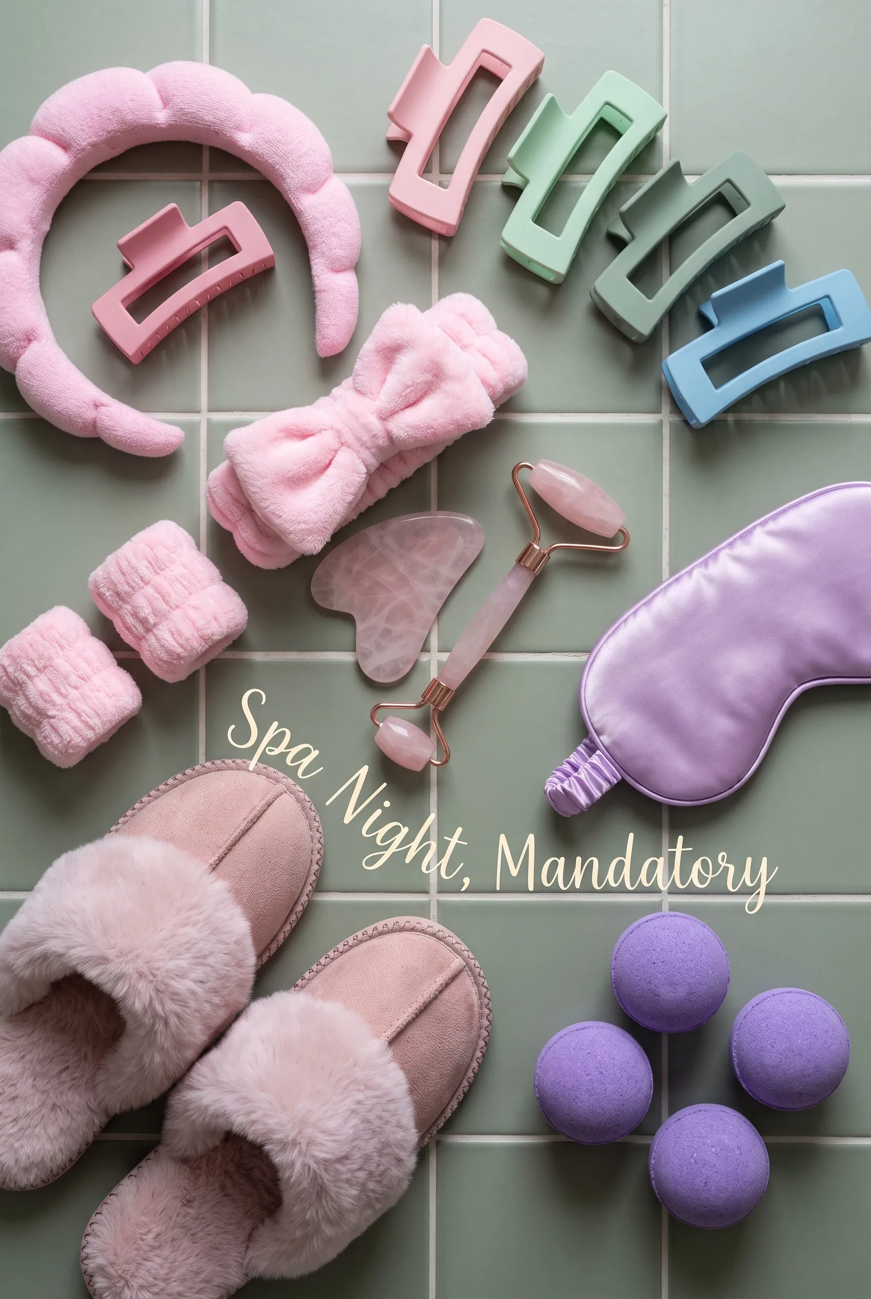 Pink puffy spa headband, pink bow headband and wristbands, pastel claw clips, rose quartz gua sha and roller, a lavender silk sleep mask, four purple bath bombs and pink fuzzy slippers on sage green tile, with the words Spa Night, Mandatory.