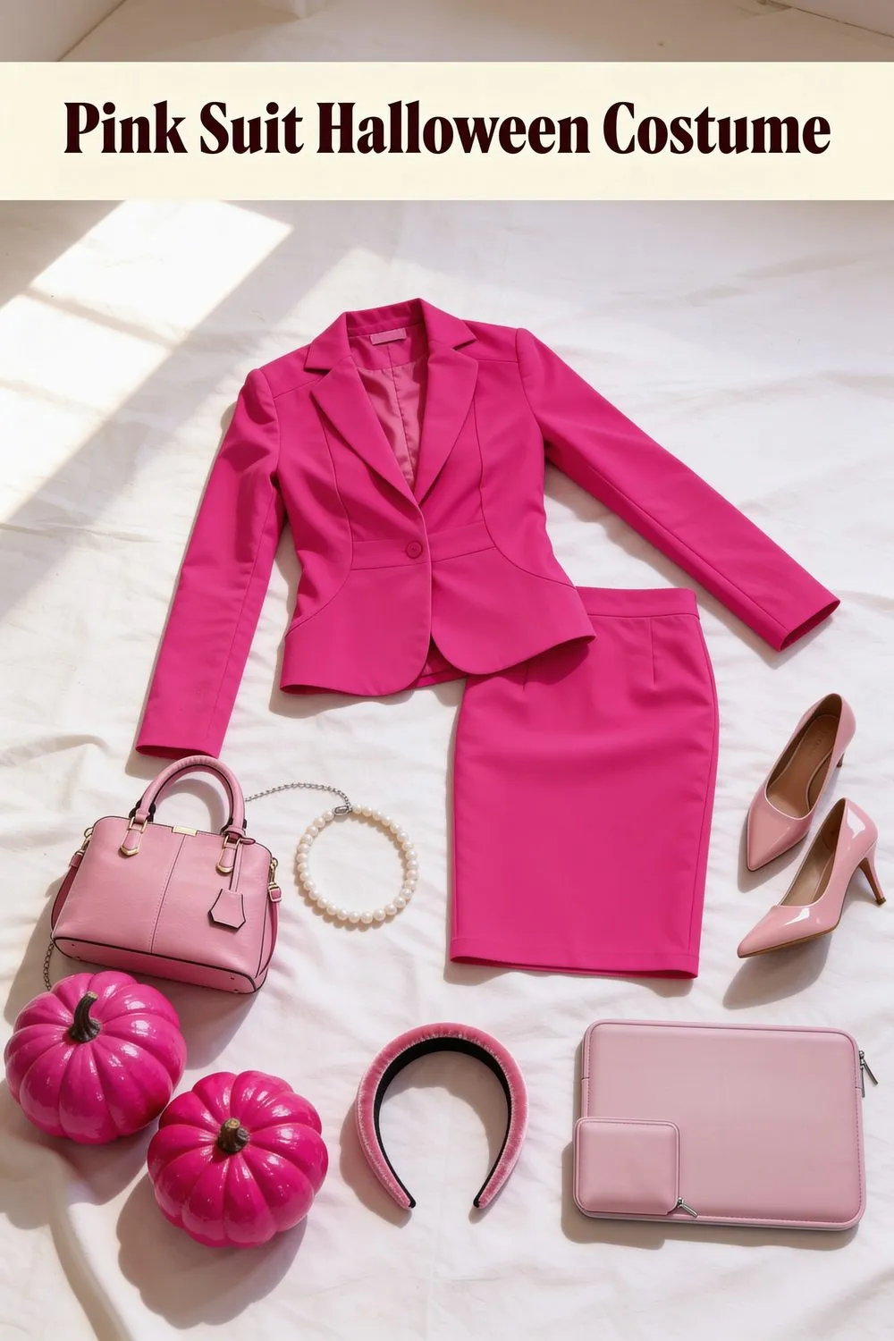 Overhead flat lay on white linen of a hot pink skirt suit, pink patent pumps, a pink satchel, a pearl necklace, a pink velvet headband, a laptop sleeve and two pink mini pumpkins.