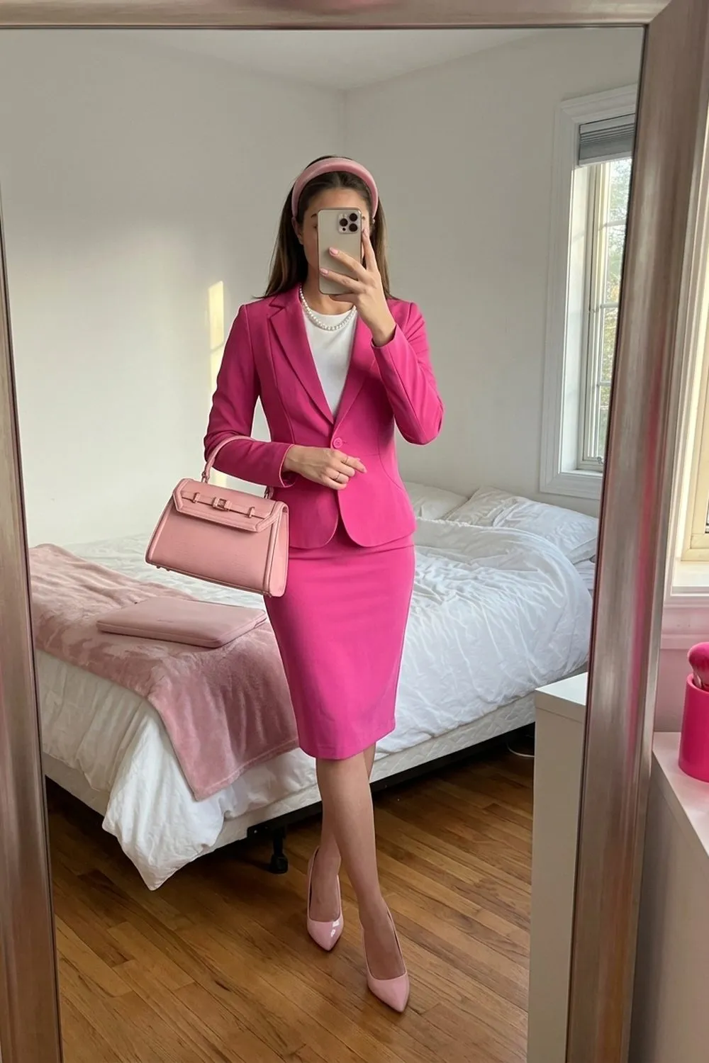 Woman taking a full length mirror selfie in a bright bedroom, wearing a hot pink skirt suit, pearls, a pink velvet headband and pink patent pumps, holding a pink satchel.
