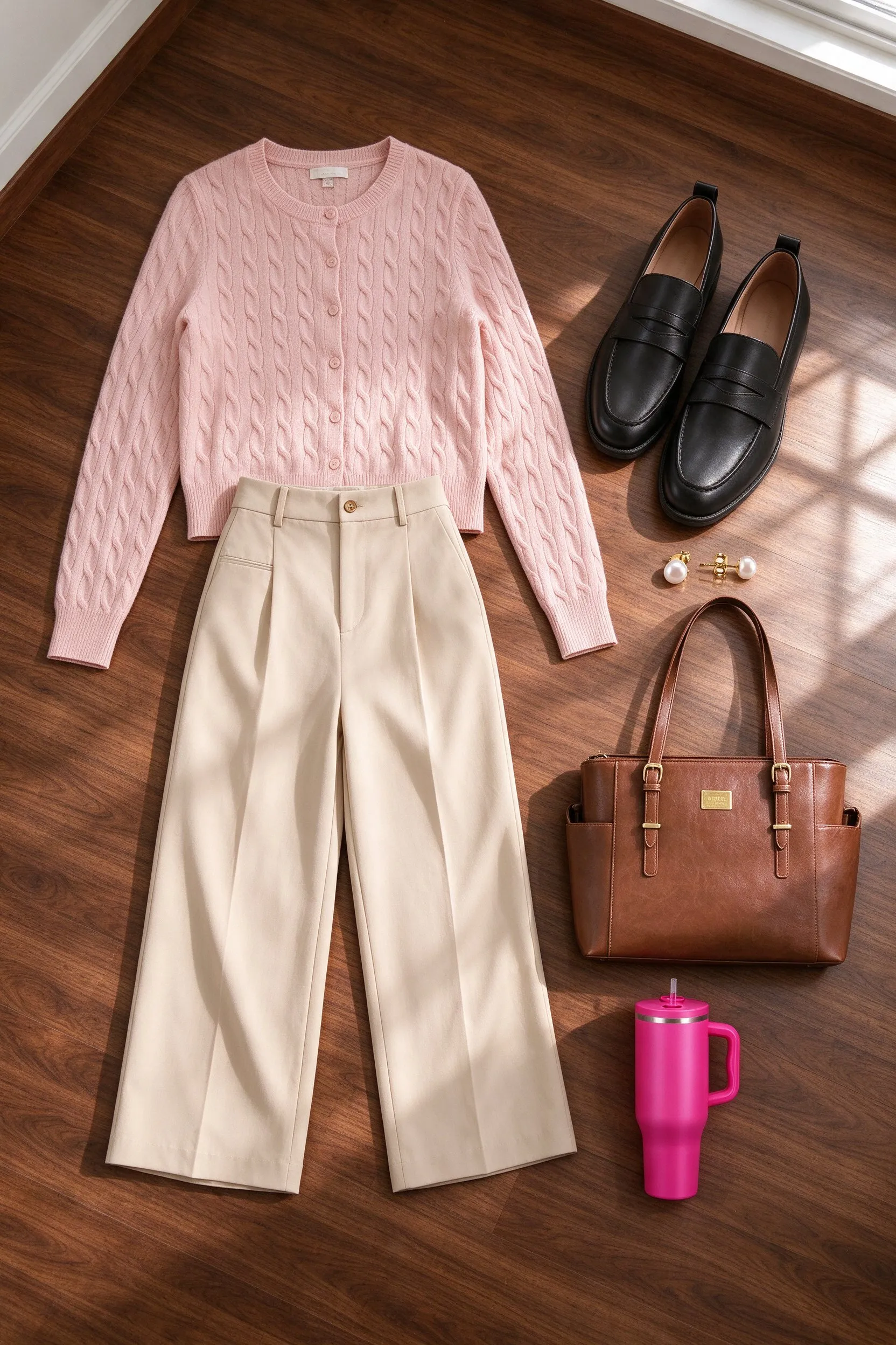 The listed pieces laid out on a warm walnut floor: light pink cable knit cardigan, beige wide leg work trousers, black leather penny loafers, brown vintage leather laptop tote, gold and pearl stud earrings and hot pink 40 oz insulated tumbler with handle.