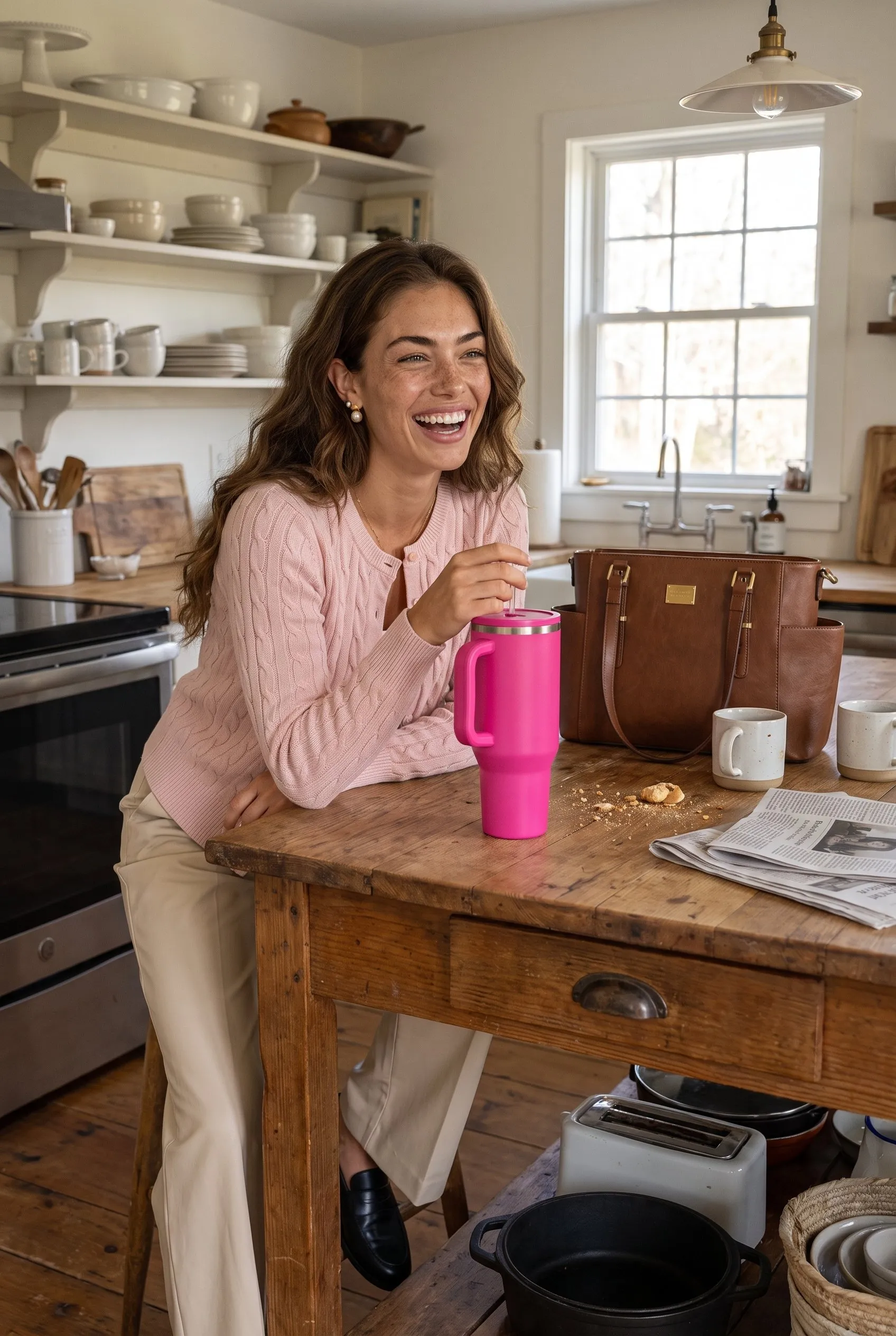 A brown haired woman at her farmhouse kitchen island in the morning laughing, dressed for the office in the light pink cable knit cardigan, beige wide leg trousers and black loafers, pearl studs, holding the hot pink tumbler, the brown leather laptop tote on the counter.