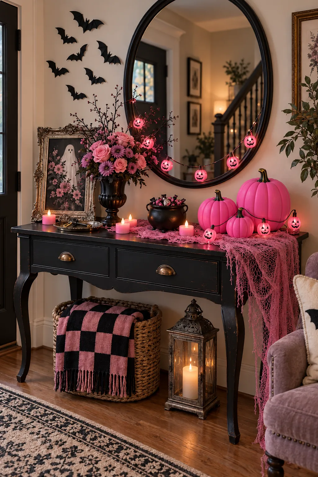 Pink Halloween console with plain hot-pink pumpkins, gauze, jack-o-lantern lights, black wall bats and pink LED tea lights beneath an oval mirror.