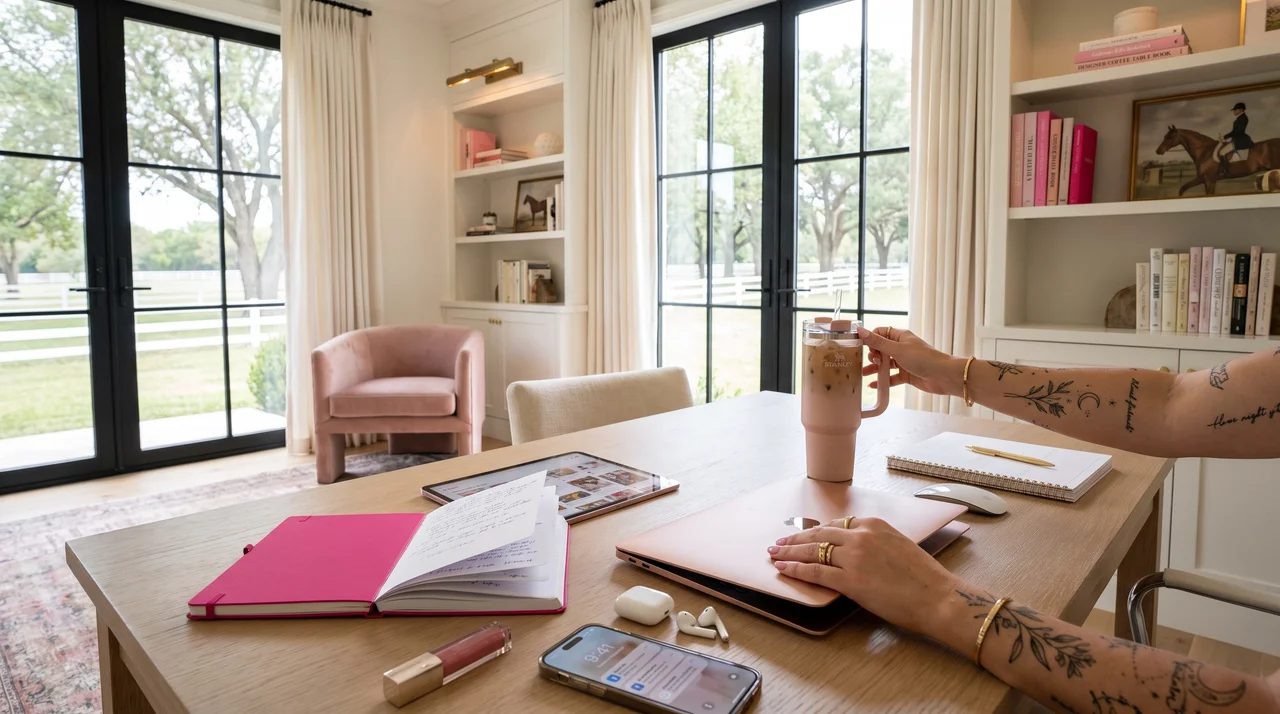 A styled desk with an iced coffee tumbler — The Digital Income Edit