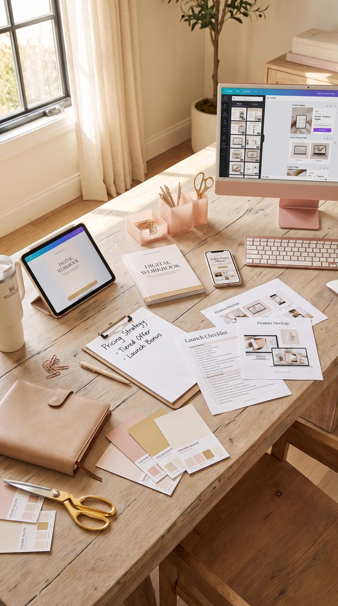 A styled flatlay of a digital workbook and planner in warm editorial light, for The Digital Income Edit