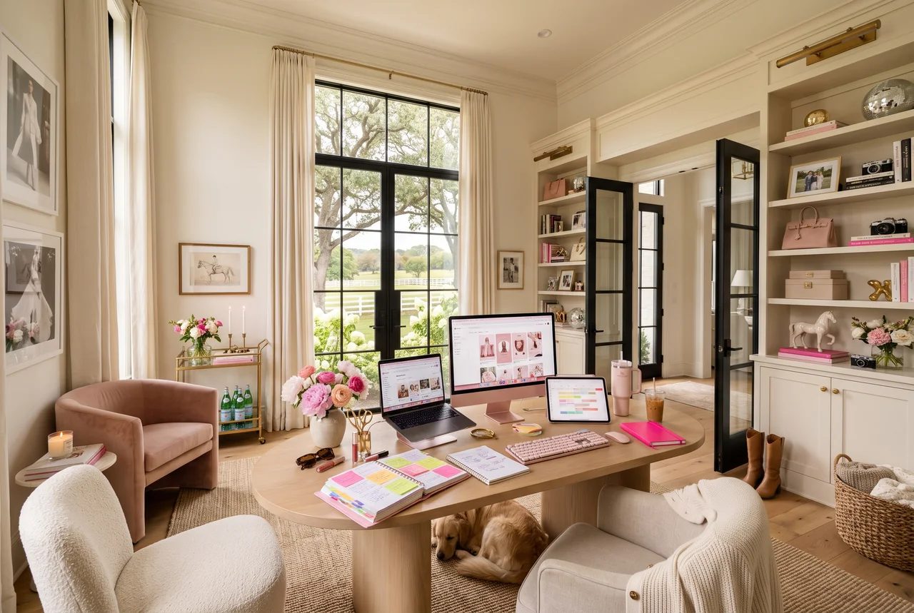 Home office with a full desk setup and styled shelving — The Digital Income Edit