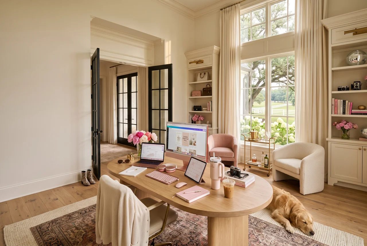 A calm editorial home office in golden light, styled for The Digital Income Edit