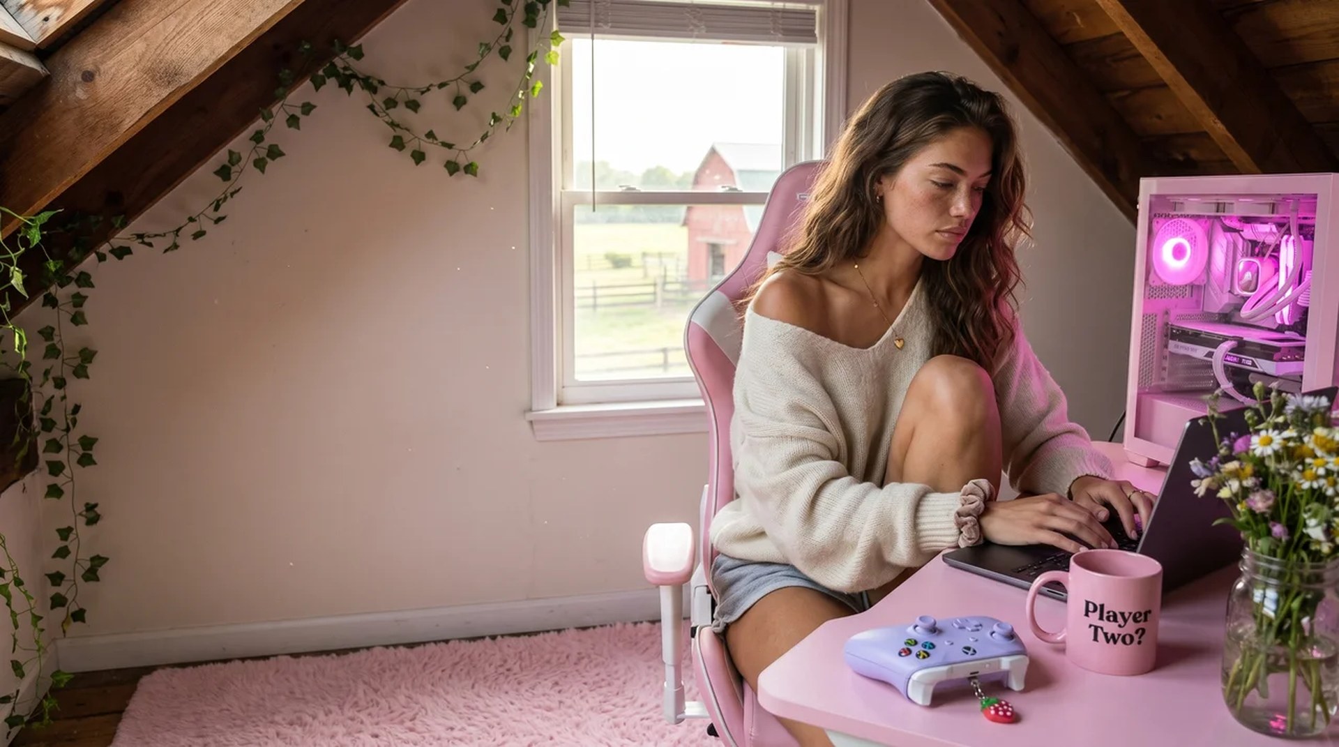 A pink attic gaming loft on a farm — laptop open on the desk, wildflowers in a mason jar, the red barn through the window.