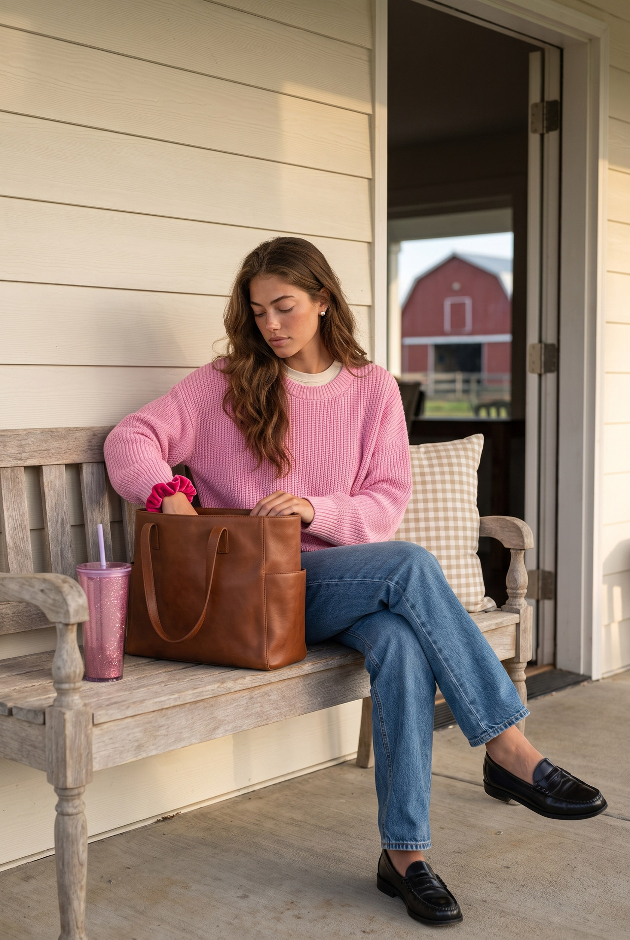 Tommy Kate, our AI persona, getting a brown tote ready on her farmhouse porch in a pink knit, jeans and black loafers.