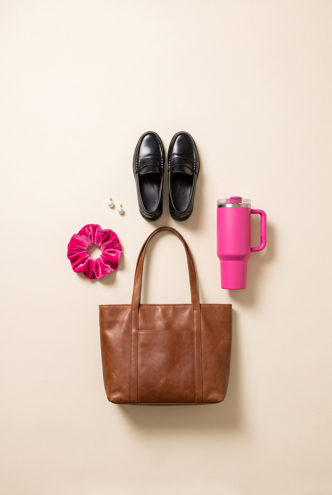 AI product-edit inspiration showing a brown tote, black loafers, pearl studs, a pink handled tumbler and velvet scrunchie.